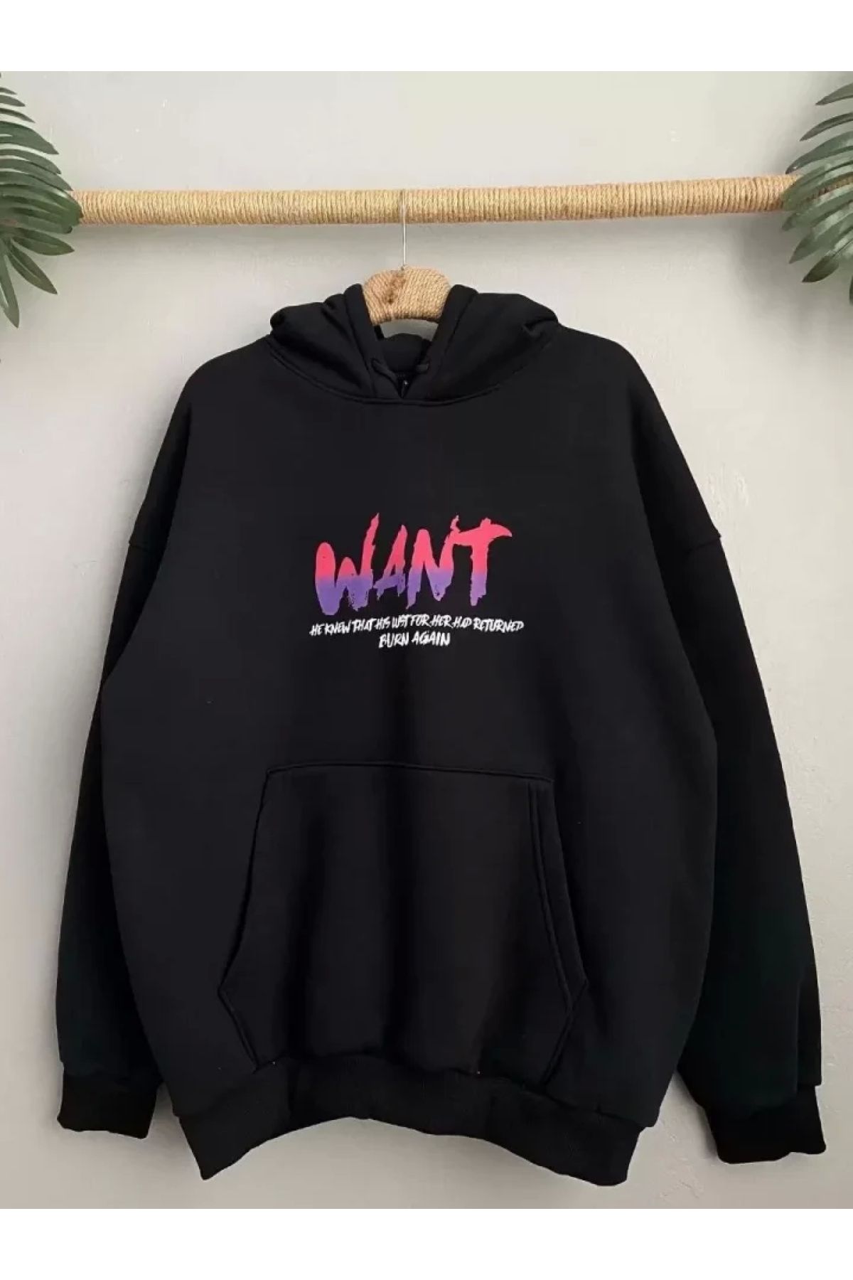 POLEXP Oversize Siyah Kapüşonlu Baskılı Sweatshirt