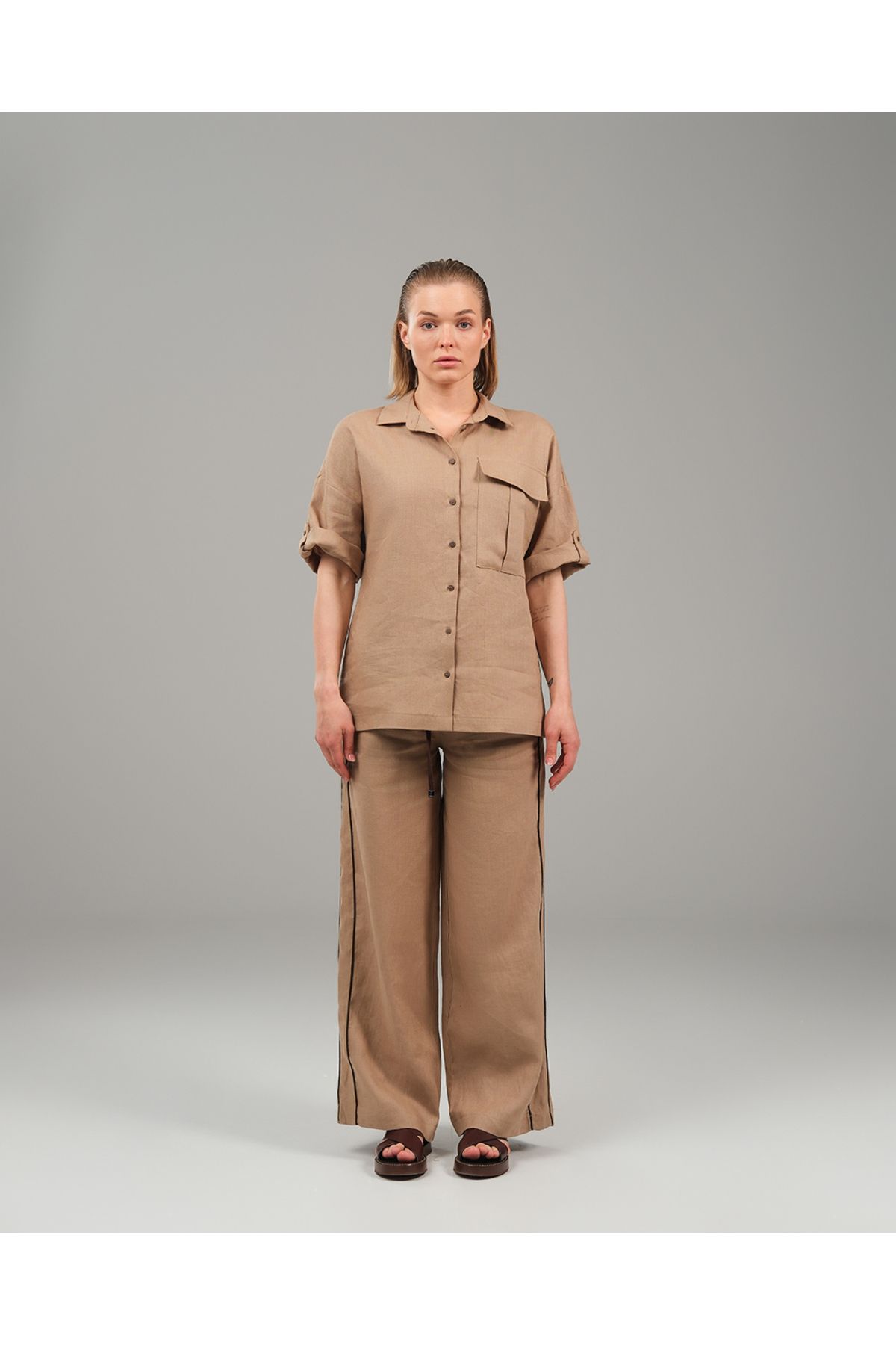 LUMINA ELIGMA Sandstone Pantolon - Bej Geniş Paça Keten Pantolon
