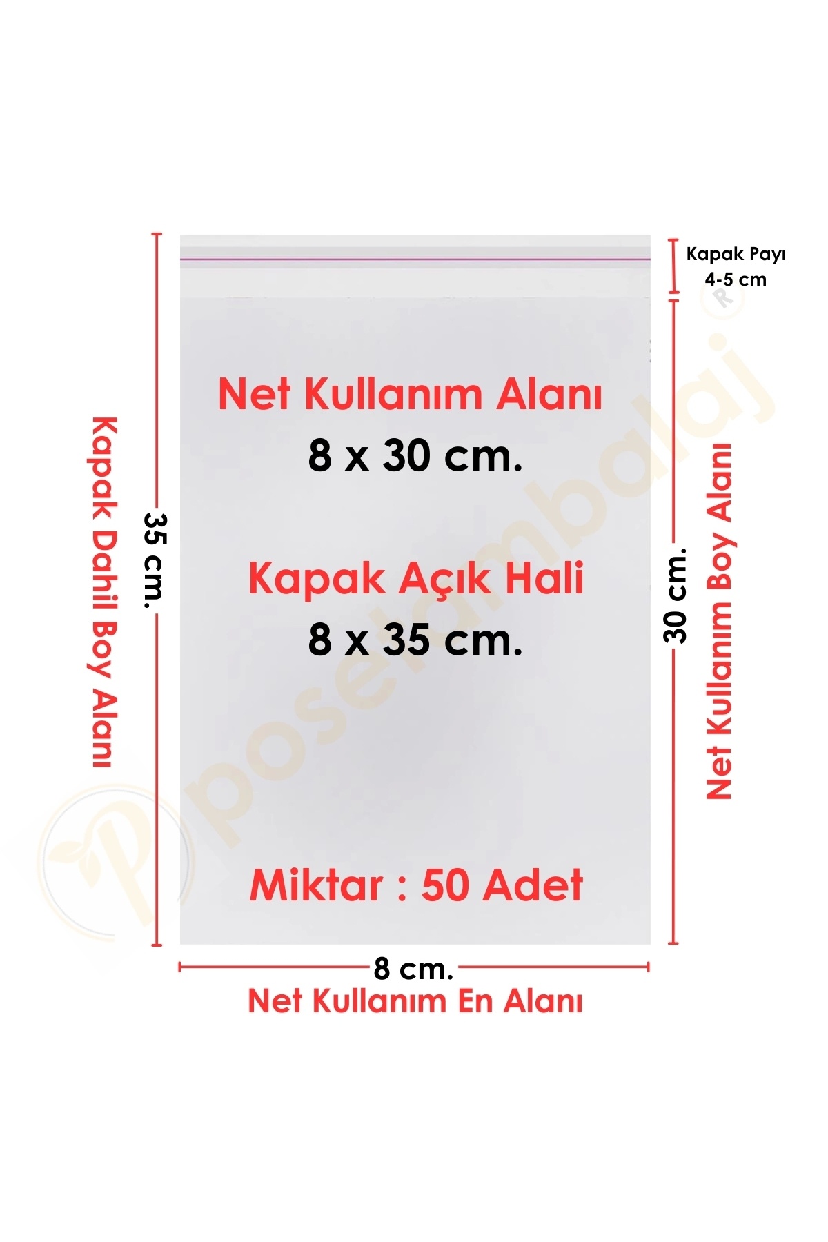 CarpCorn 8x30+5 cm.(8x35) 50 Adet Şeffaf Bantlı Yapışkanlı OPP Poşet