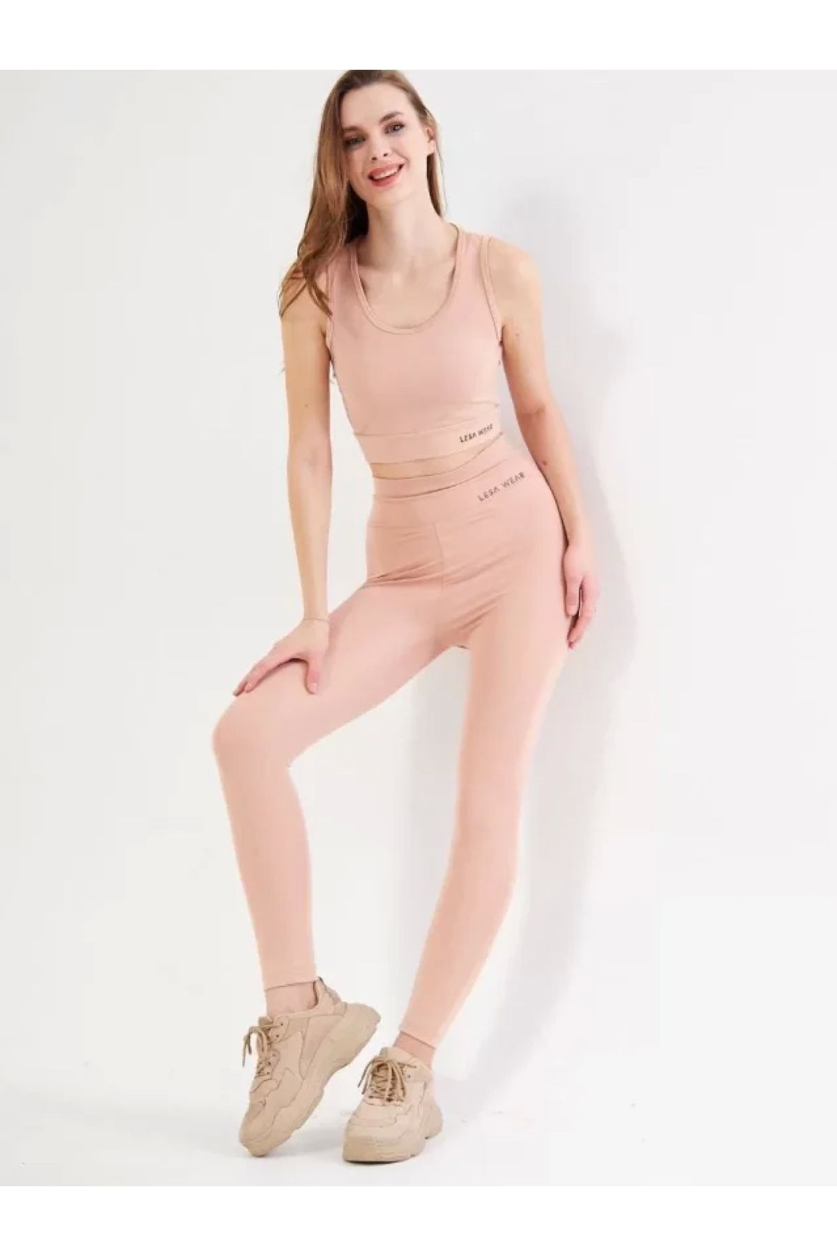 POLEXP Dalgalı Desenli Tayt ve Crop Top Takım - Bej
