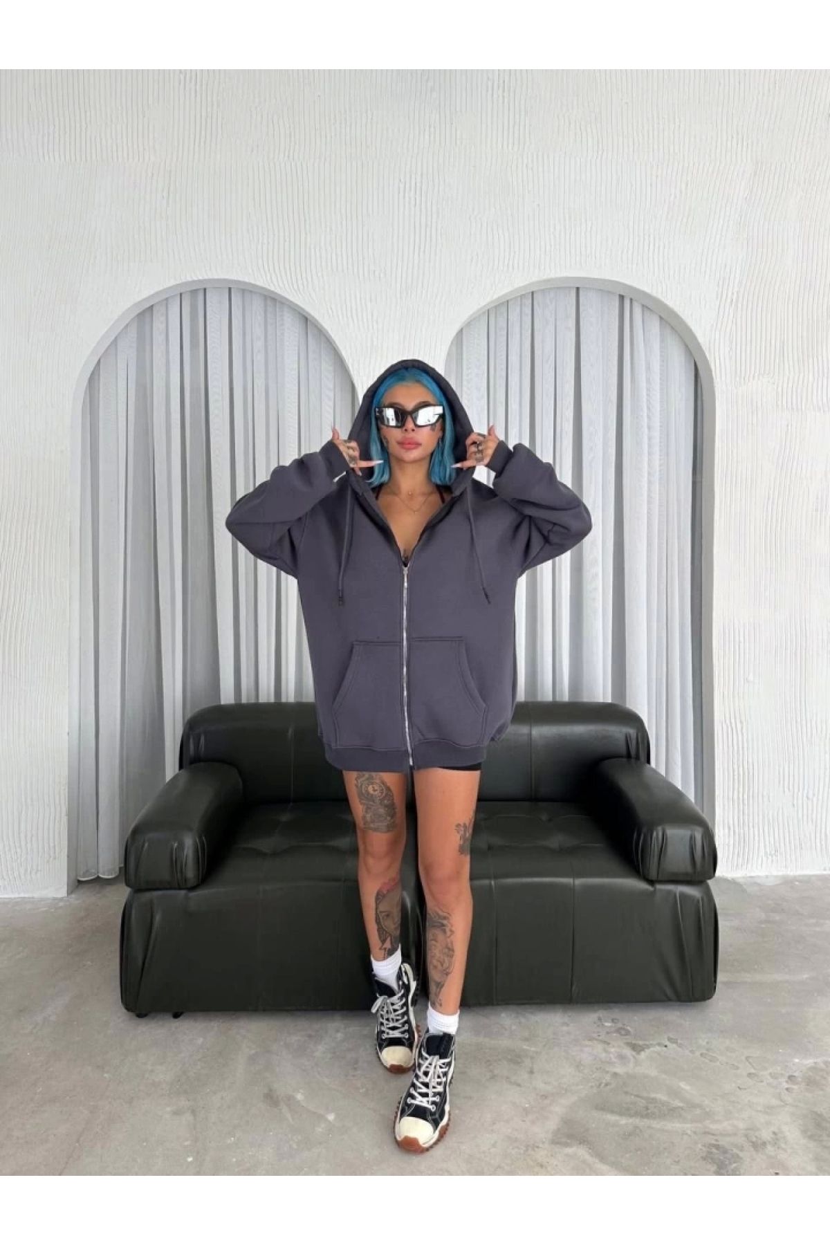 POLEXP Füme Oversize Tam Fermuarlı Hırka