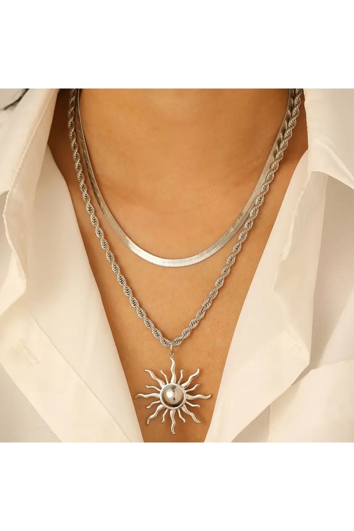 FASHİON JEWELRY Çift Zincirli Güneş Tasarımlı Kolye Silver Rengi Bujiteri Kolye