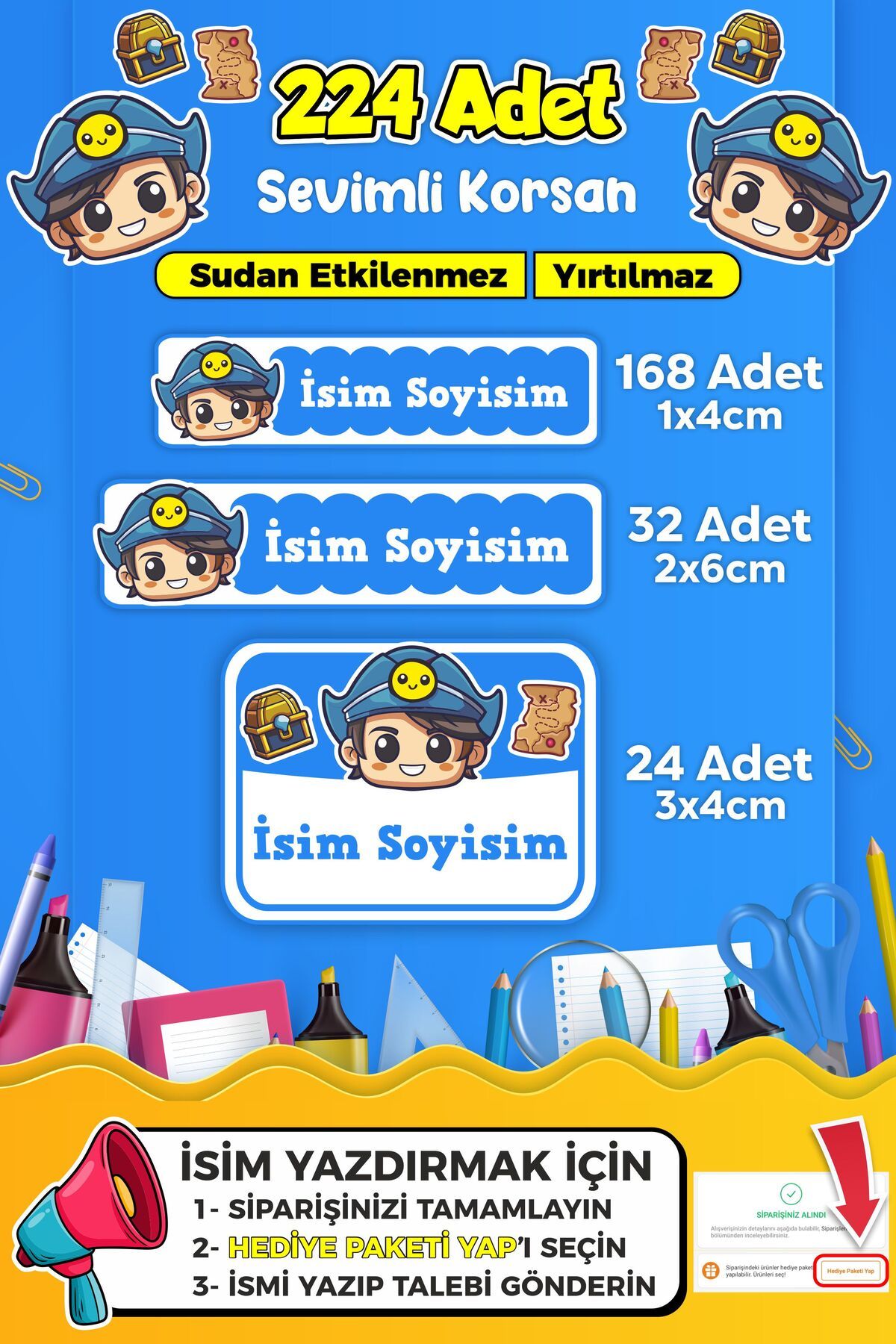 SB store Sevimli Korsan Temalı Okul Kreş Kişiye Özel İsim Etiket Seti - Model 297