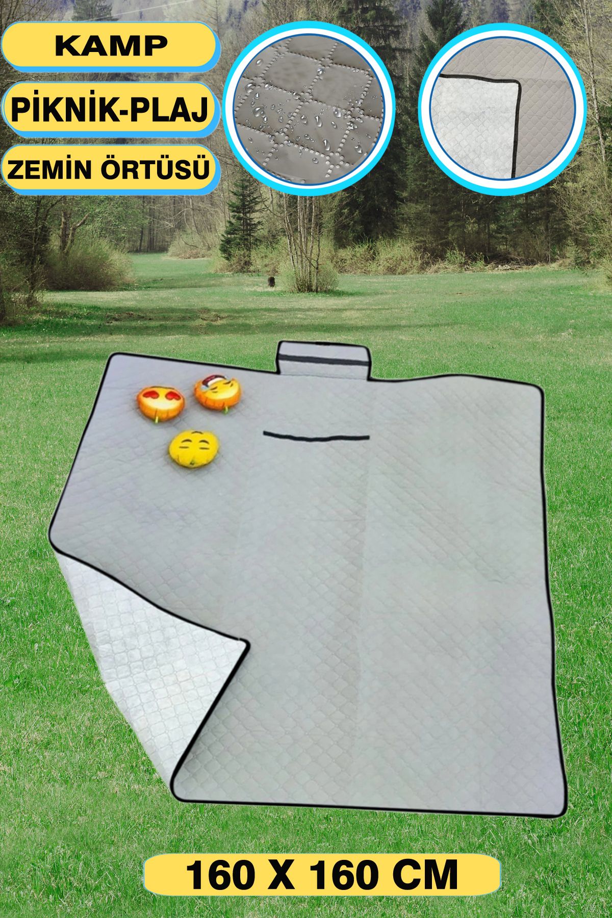 KAŞIKBEY Picnic-Active Piknik Plaj Örtüs Kamp Tipi Piknik Yer Minderi Kapitone Kendi Çantalı 160x160 cm GRİ