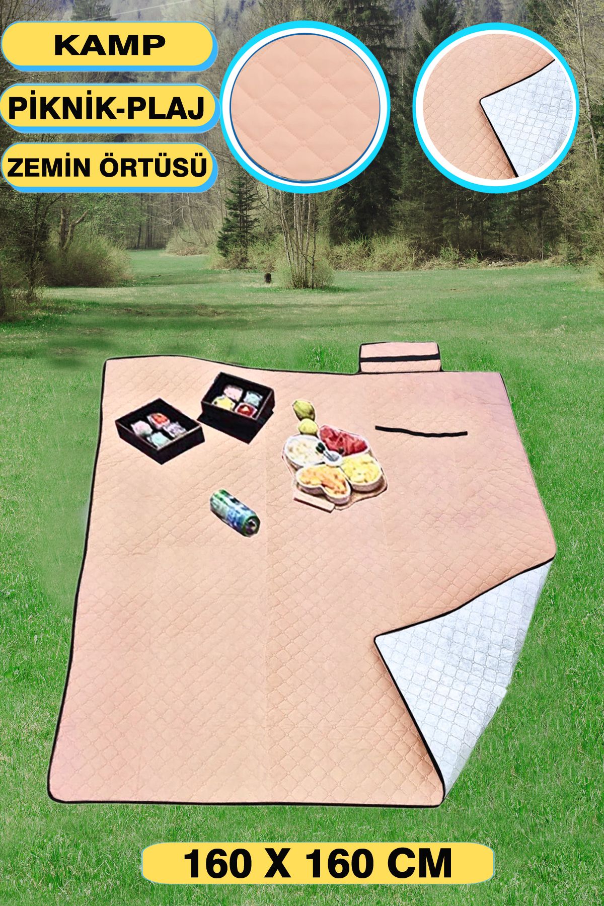 KAŞIKBEY Picnic-Active Piknik Plaj Örtüs Kamp Tipi Piknik Yer Minderi Kapitone Kendi Çantalı 160x160 cm KREM
