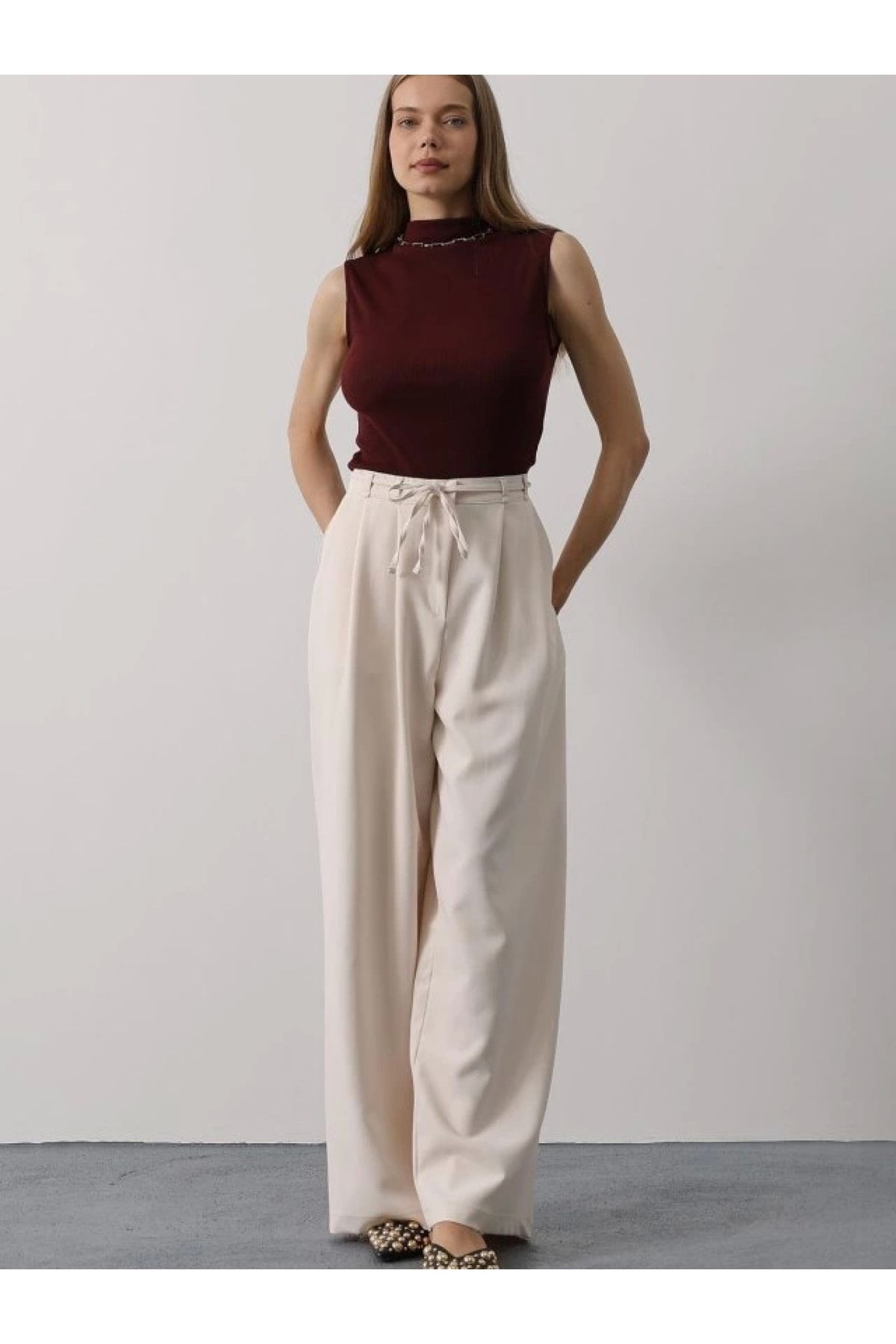 POLEXP Pileli Oversize Bej Pantolon