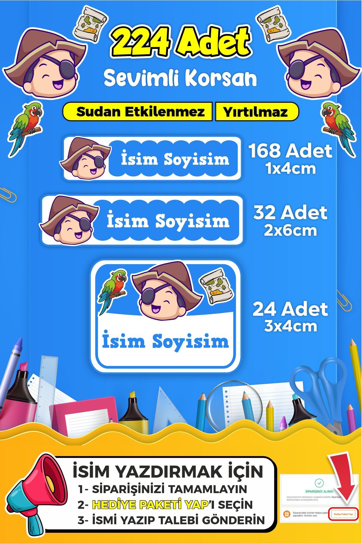 SB store Sevimli Korsan Temalı Okul Kreş Kişiye Özel İsim Etiket Seti - Model 299