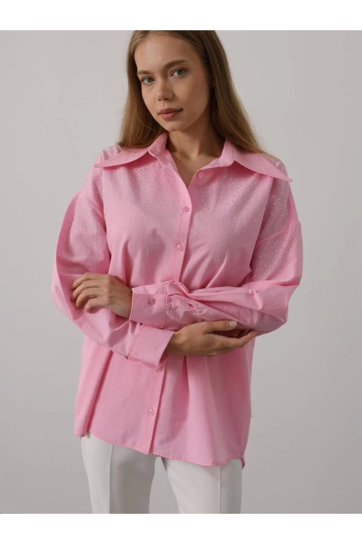 POLEXP Sivri Yaka Gömlek – Taşlı Pembe