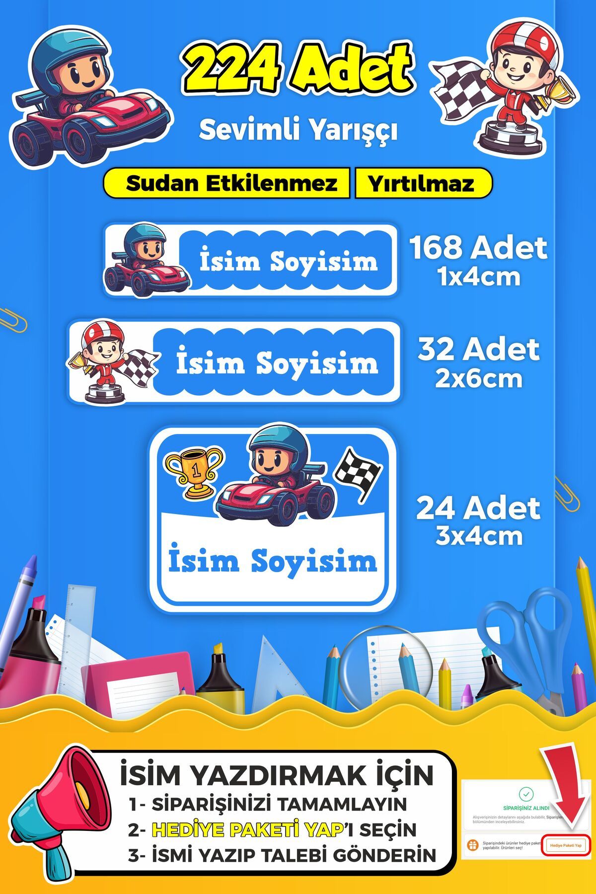SB store Yarış Arabası Temalı Okul Kreş Kişiye Özel İsim Etiket Seti - Model 294