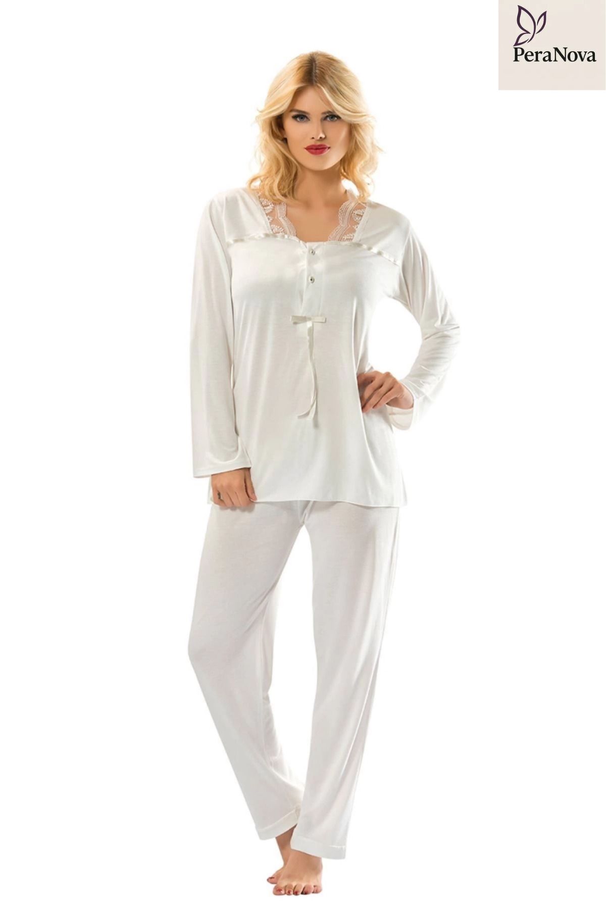 PeraNova Premium Rahat Çeyizlik Kadın Büyüleyici Şık Zarif Ekru Penye Pijama Takımı