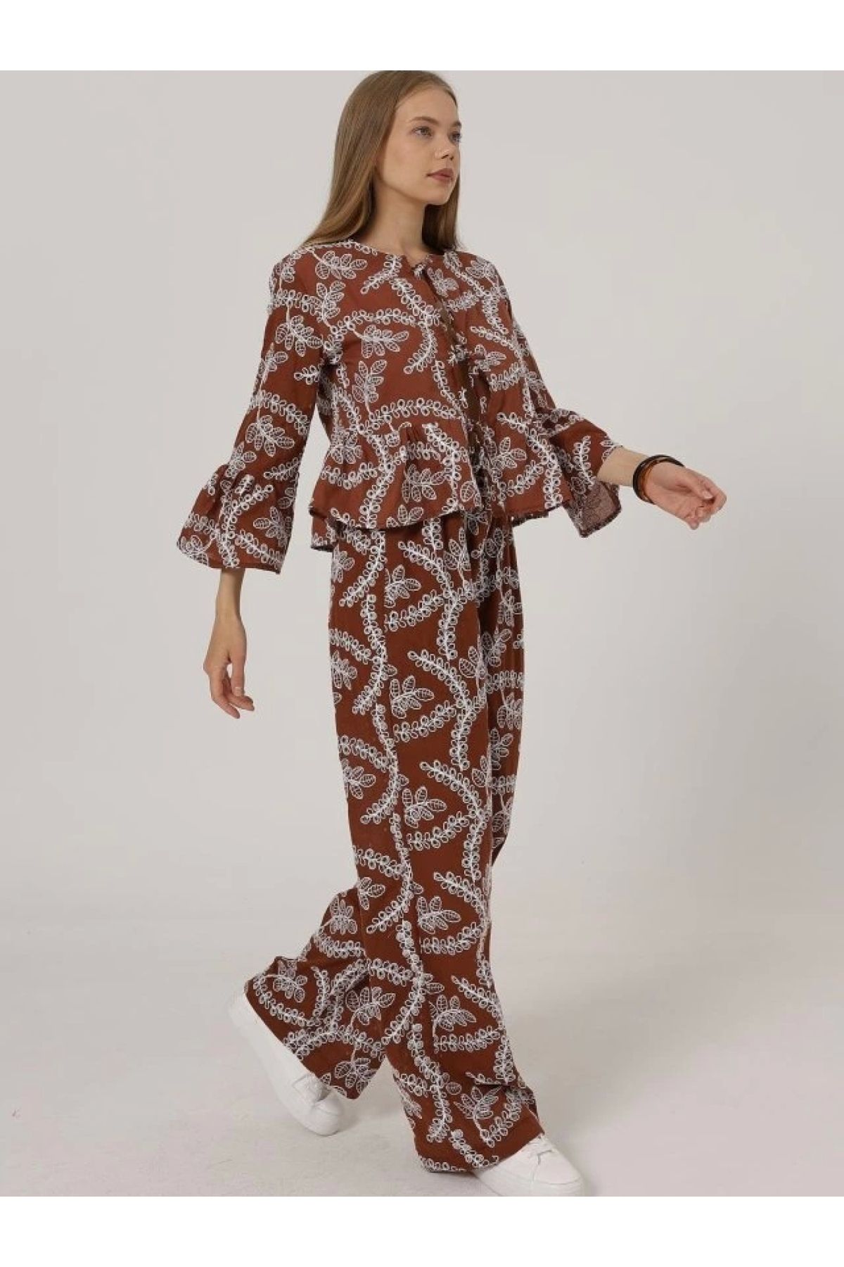 POLEXP Elegan İşlemeli Oversize Pantolon - Kahve Tonları