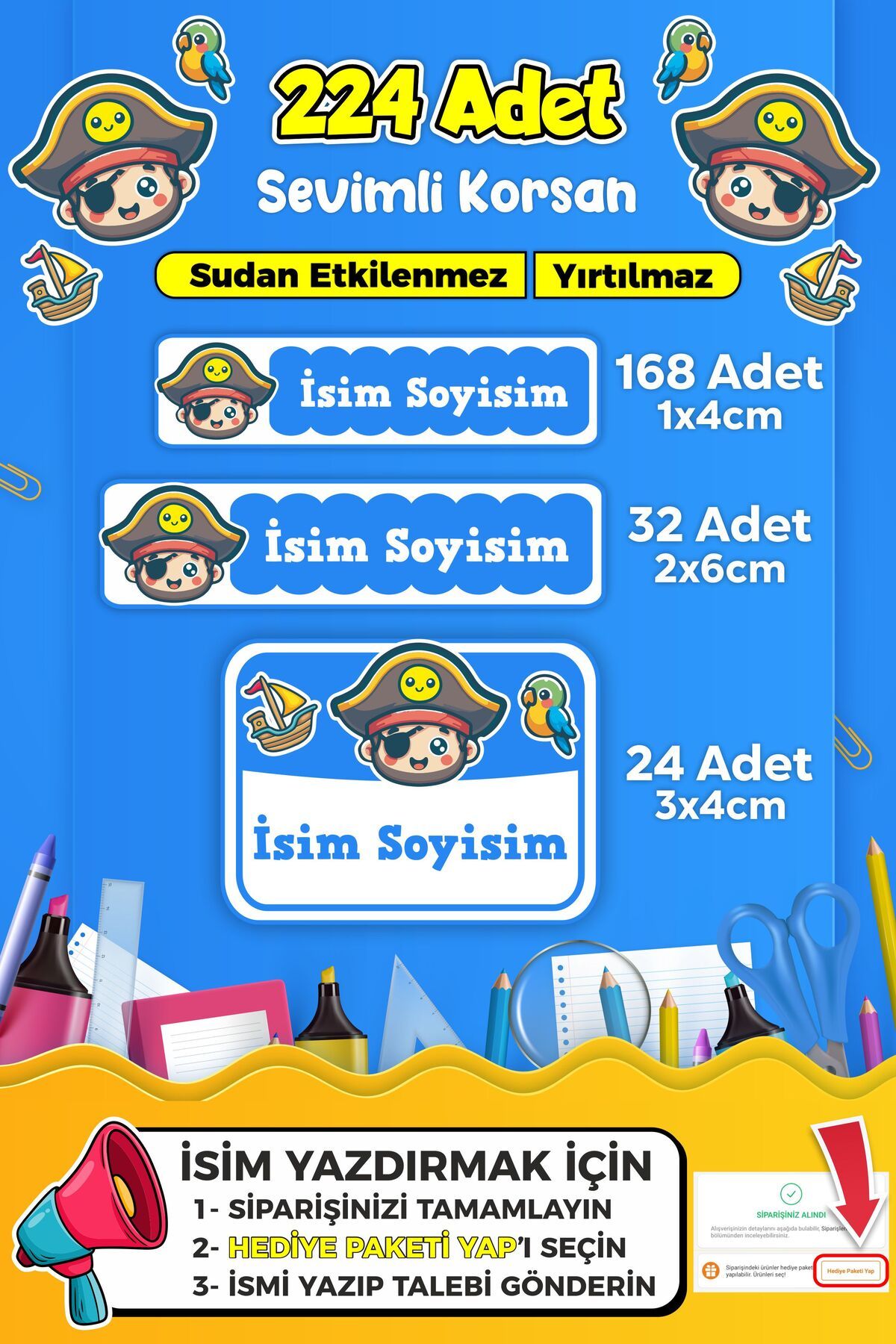 SB store Sevimli Korsan Temalı Okul Kreş Kişiye Özel İsim Etiket Seti - Model 298
