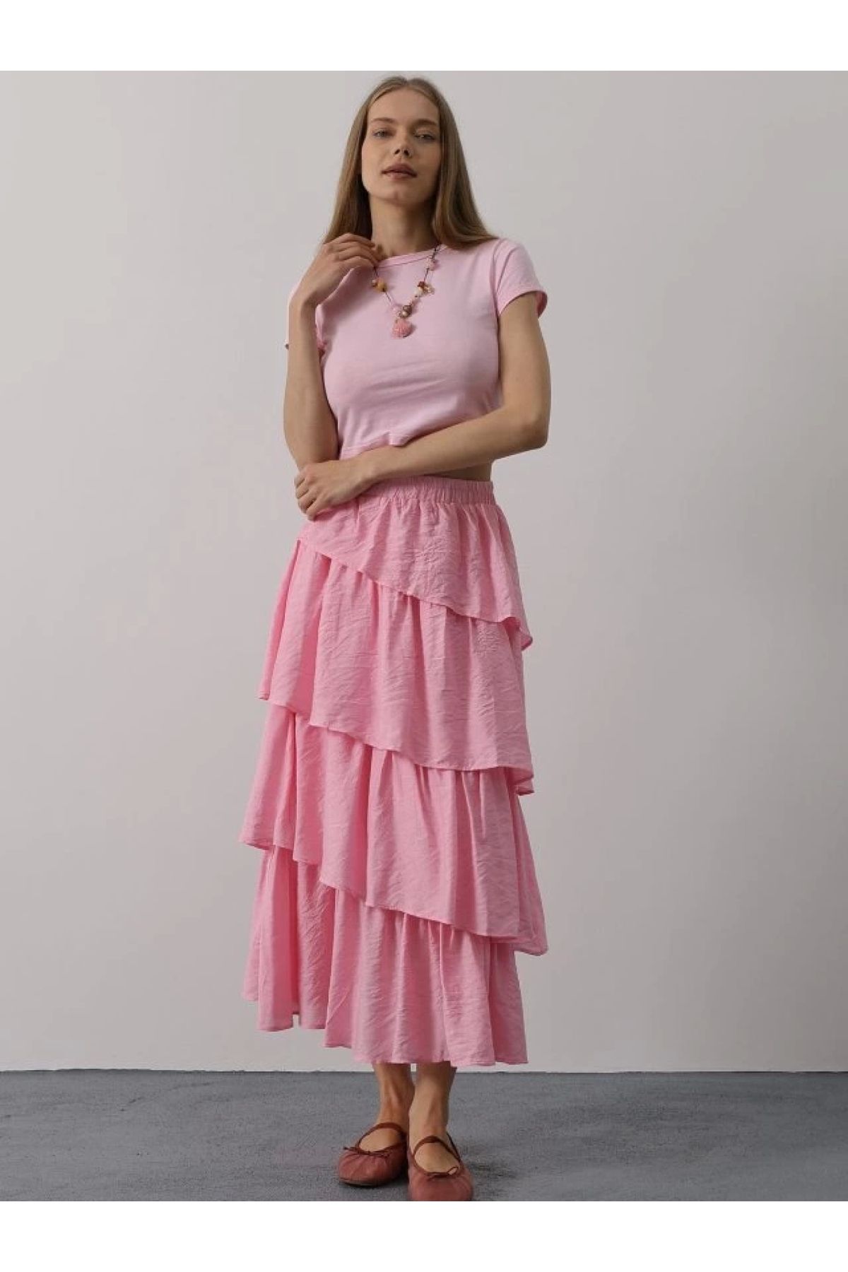 POLEXP Elegan ve Trendy Katlı Pembe Etek