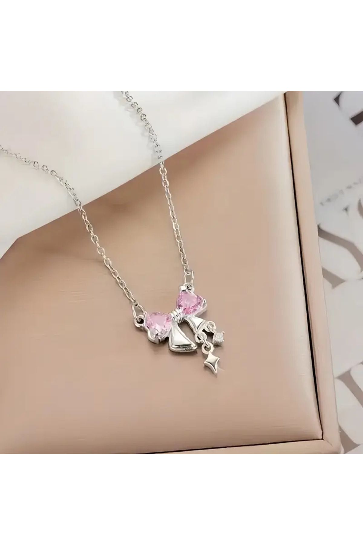 FASHİON JEWELRY Pembe Taşlı Fiyonk Zarif Silver Bujiteri Kolye
