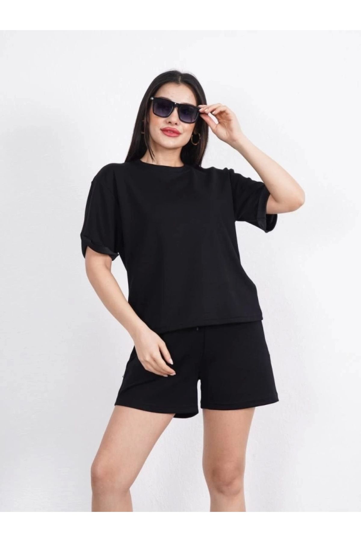 POLEXP Modal Yumuşak Dokulu Kumaş Bisiklet Yaka T-shirt ve Şort Takımı - Siyah