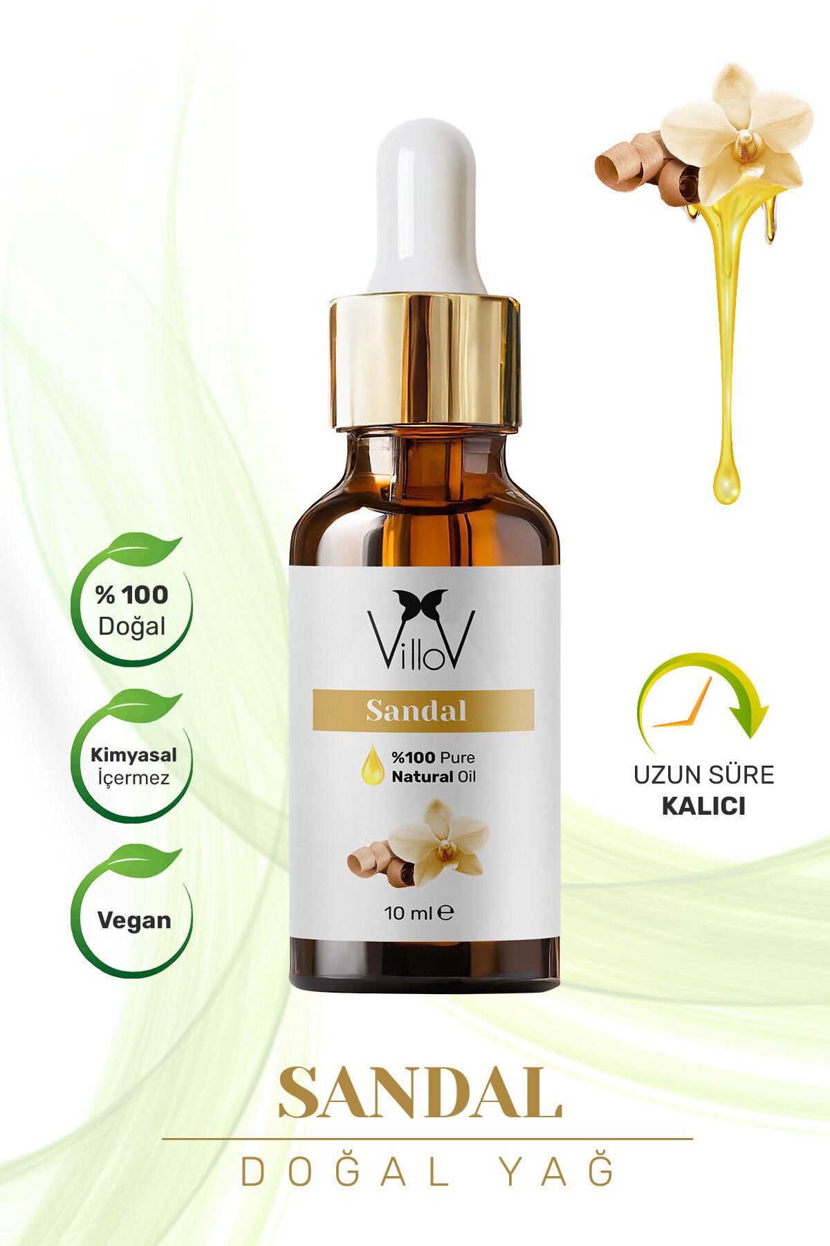 Villov Sandal Uçucu Yağı Soğuk Sıkım %100 Saf ve Doğal Bitkisel Sandalwood Essential Oil 10ml