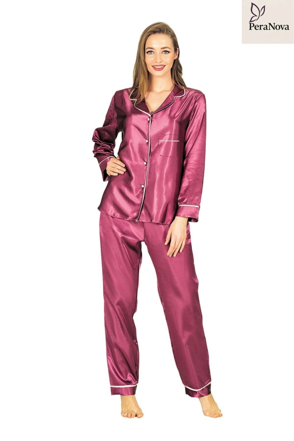 PeraNova Premium Rahat Çeyizlik Kadın Büyüleyici Şık Zarif Mor Saten Pijama Takımı