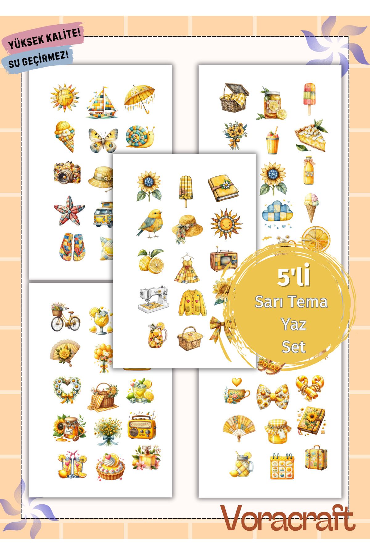 VORACRAFT 5'li Sarı Yaz Tema Sticker Set Ajanda Bullet Journal Set A048
