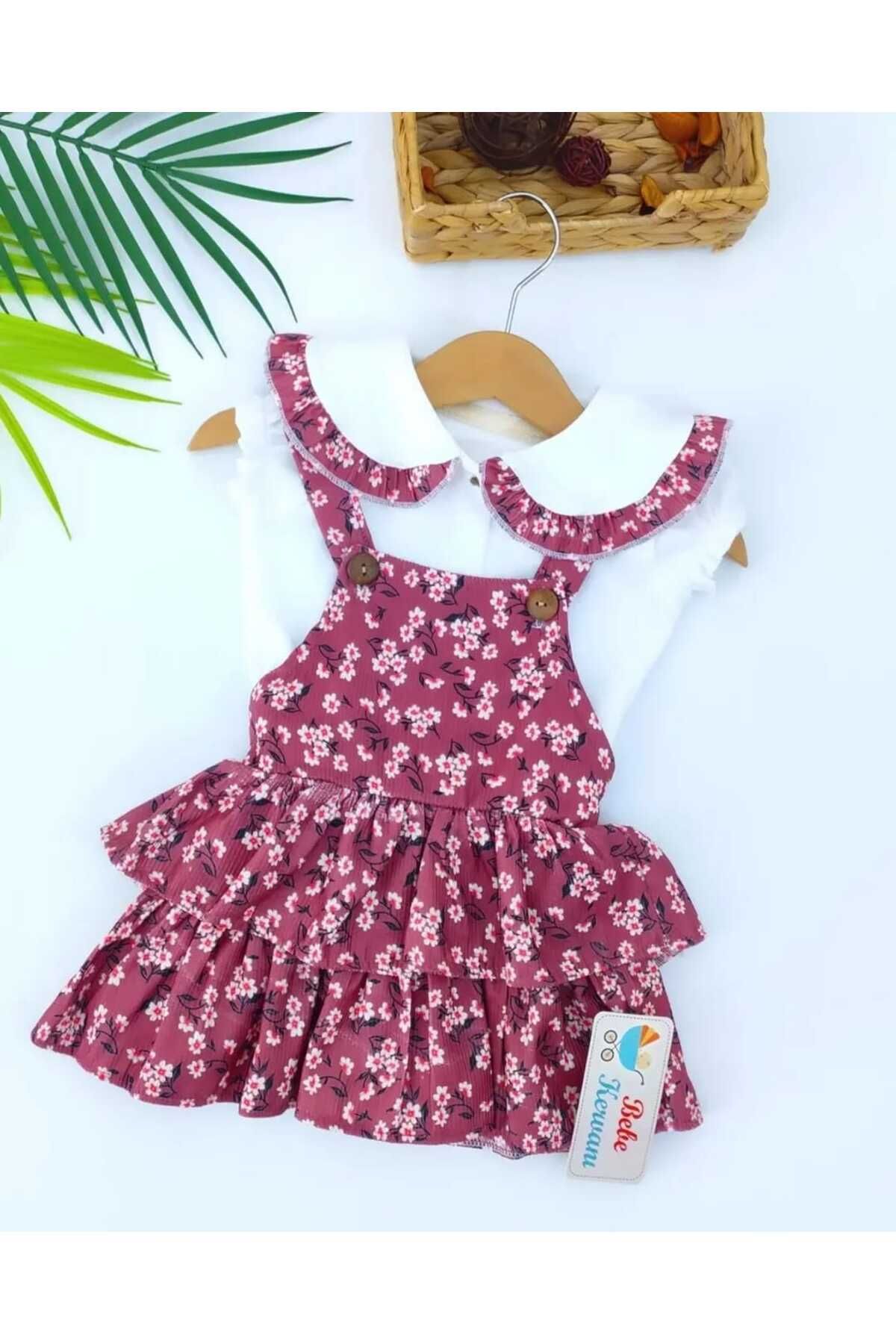 bebe kervanı Kız Bebek % 100 Pamuklu Fıfır Etekli Sloetli Elbise Takım BBK1291