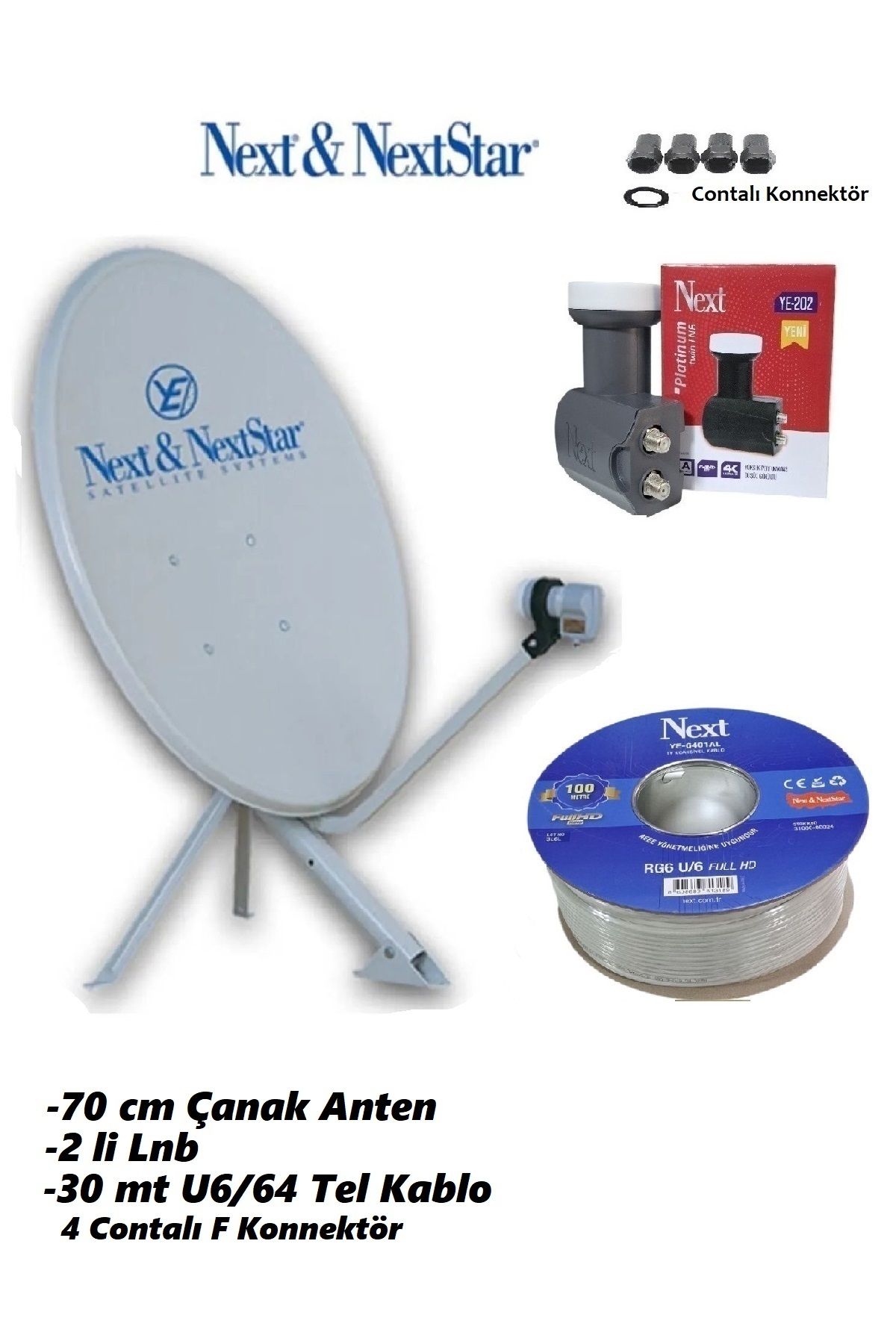 Vwin 70 Cm Çanak + 30 Mt Anten Kablosu Full HD 3D 4K + 2'li Lnb YE 202 + 4 Contalı F Konnektör