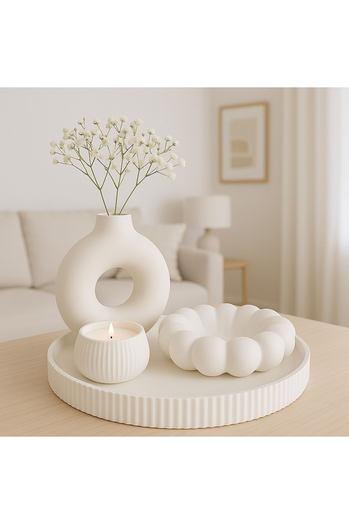 Arteliss Bohem İskandinav Tarz Tepsi Üzeri 4'lü Set | Minimal Tealight, Vazo, Bulut Tabla Obje
