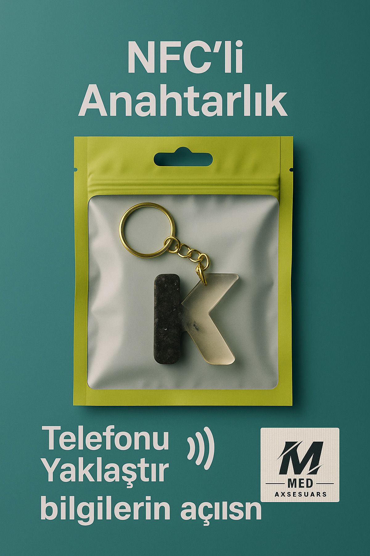 medaksesuars NFC Özellikli Harfi Anahtarlık – Kişisel Bilgi Paylaşımı – Epoksi Tasarım