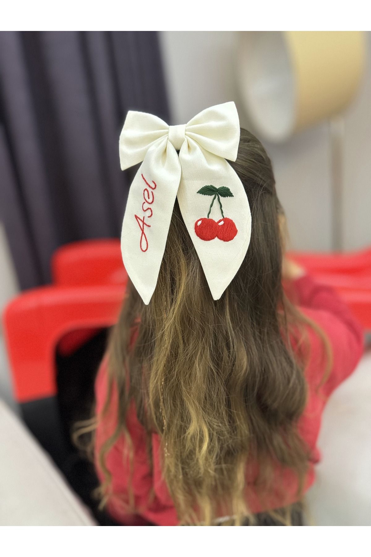 Colorfullkidss Kişiye Özel Kadın El Yapımı Kiraz Nakışlı İsimli Fiyonk Toka