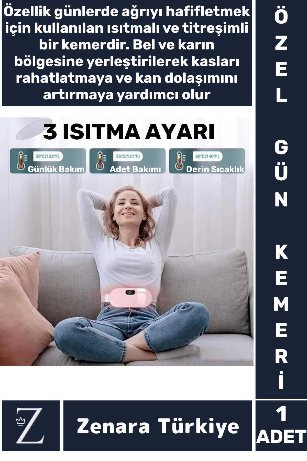 Zenara Kompakt Sıcak Tutan Titreşimli 3 Sıcaklık Ayarı Regl Adet Ağrı Sancı Azaltan Dijital Özel Gün Kemeri