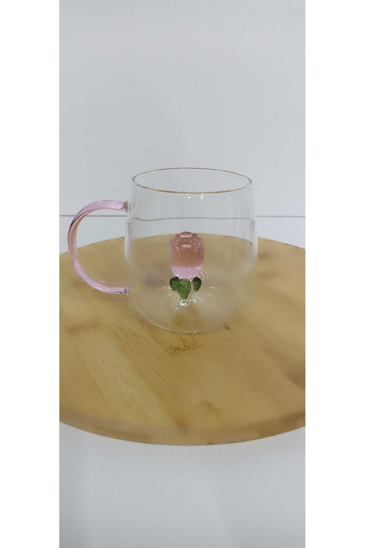 Yonca Hediyelik CAM KUPLU KAHVE BARDAĞI SU BARDAĞI 4D GÜL FİGÜRLÜ ISIYA DAYANIKLI KUPA 400ML - 9 CM BOY- 8 CM EN