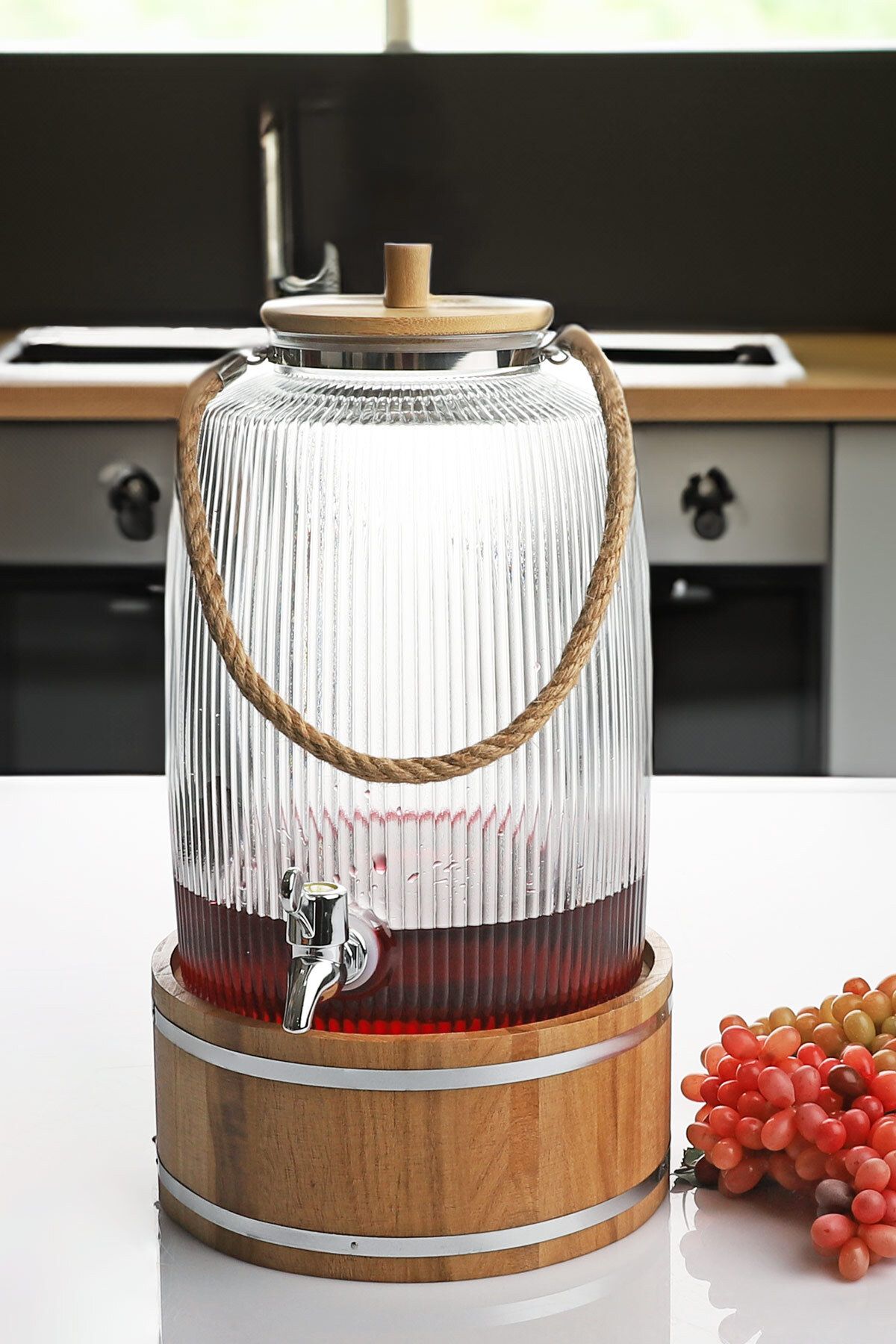 Porselen Diyarı Bambu Kapaklı Halatlı Musluklu Çizgili Cam Sebil Lohusa Şerbetlik Büyük Boy 6 Litre