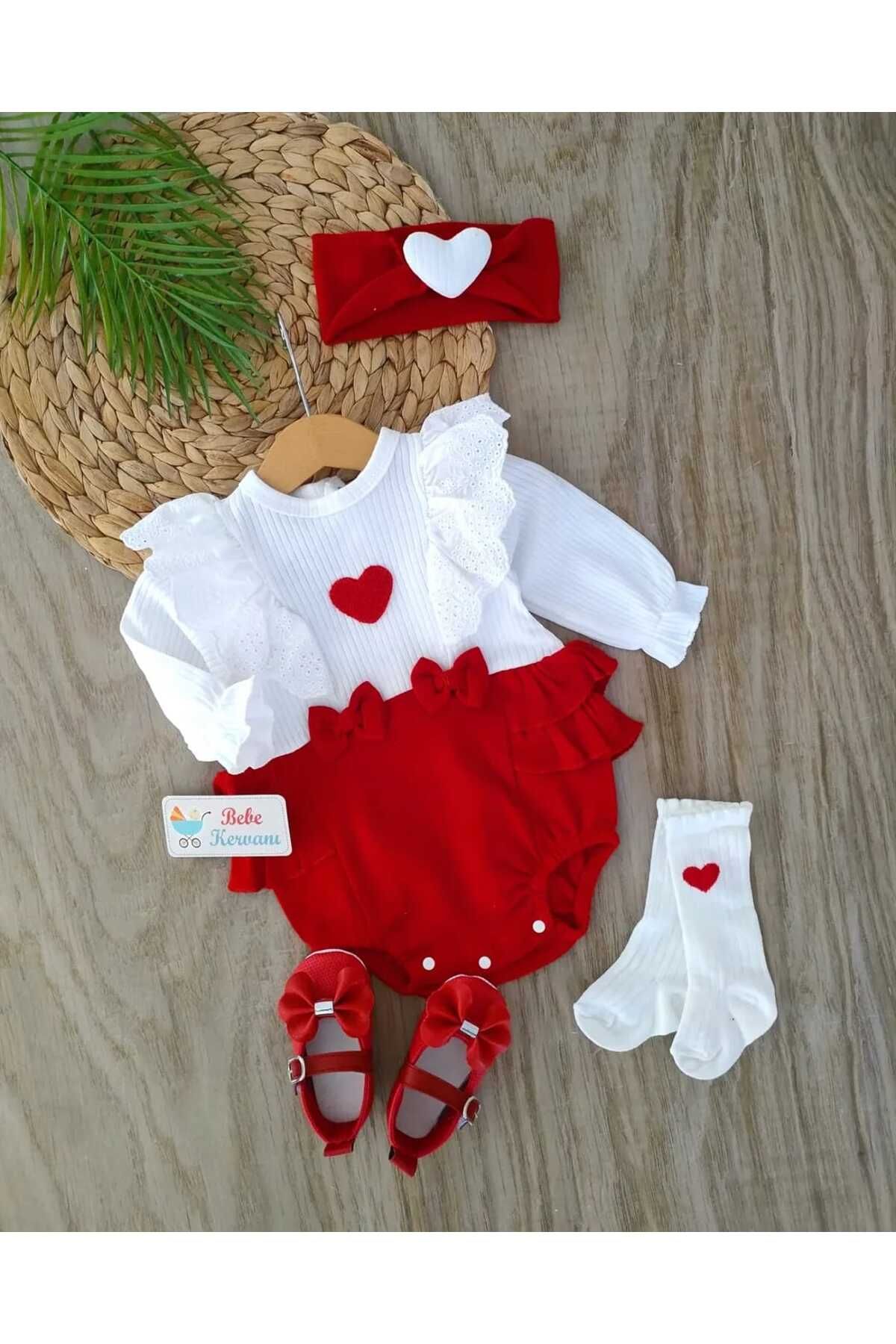 bebe kervanı Kız Bebek %100 Pamuklu Kalpli Babet Ayakkabılı Çıtçıtlı Badi Takım BBK1421