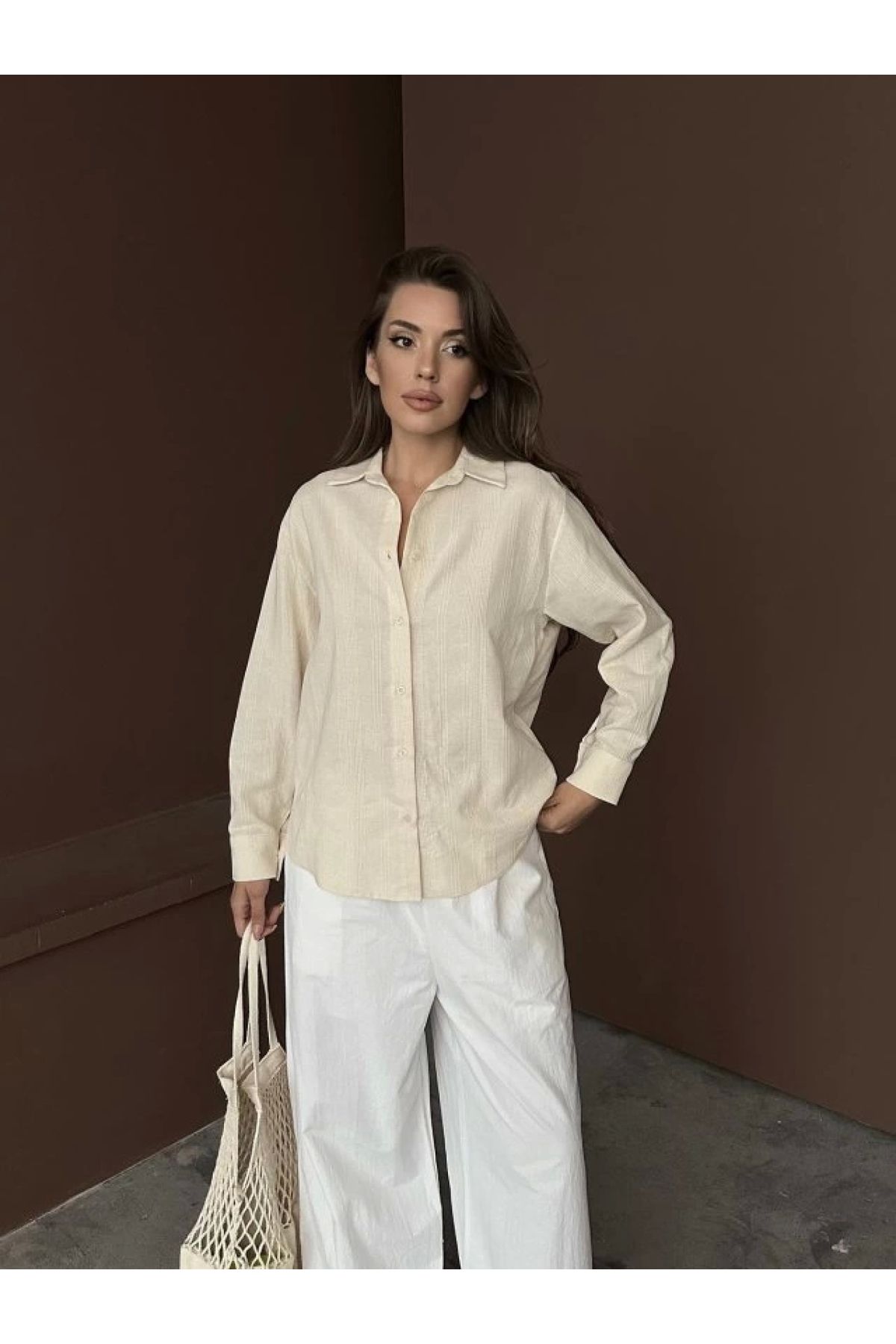 POLEXP Elegant Bej Jakar Keten Gömlek