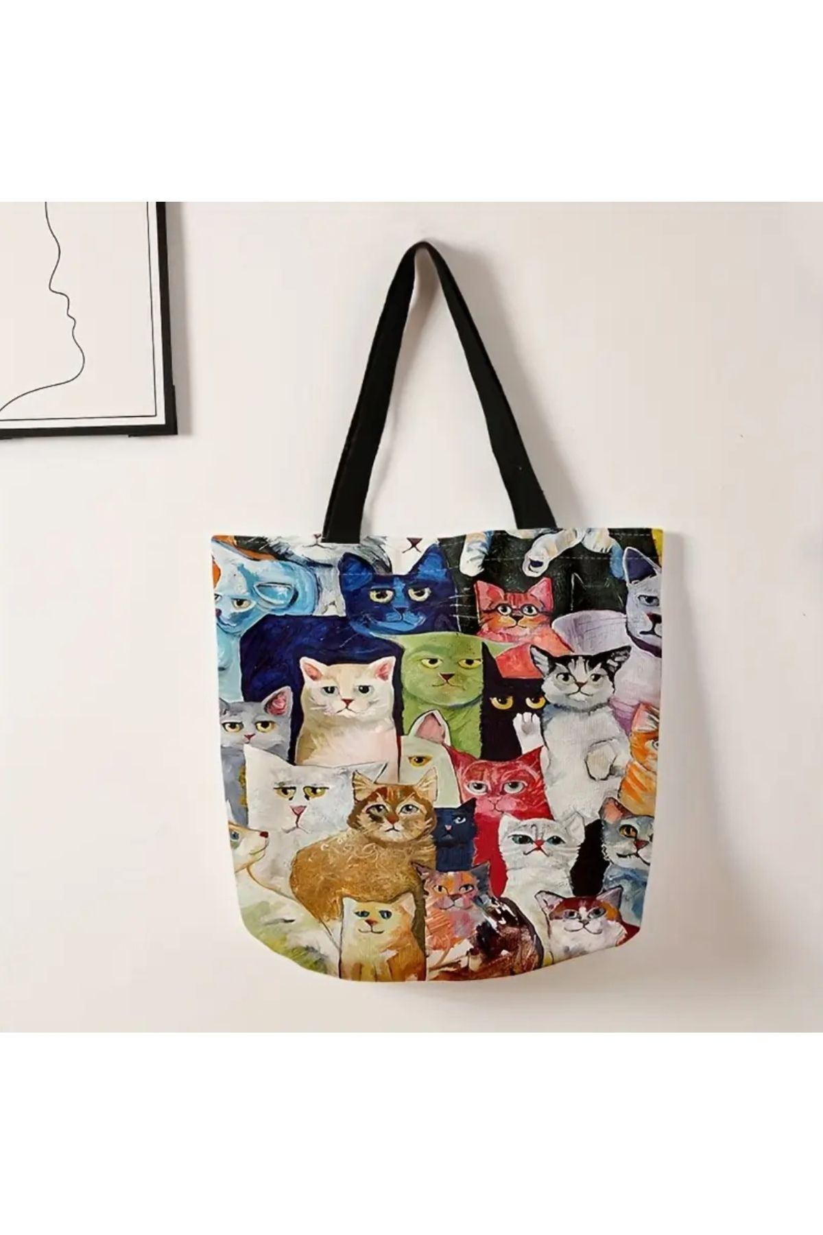 ORGANICYOU YIWU Kadınlar İçin Karikatür Kedi Baskılı Tote Çanta - Canlı Renklerde
