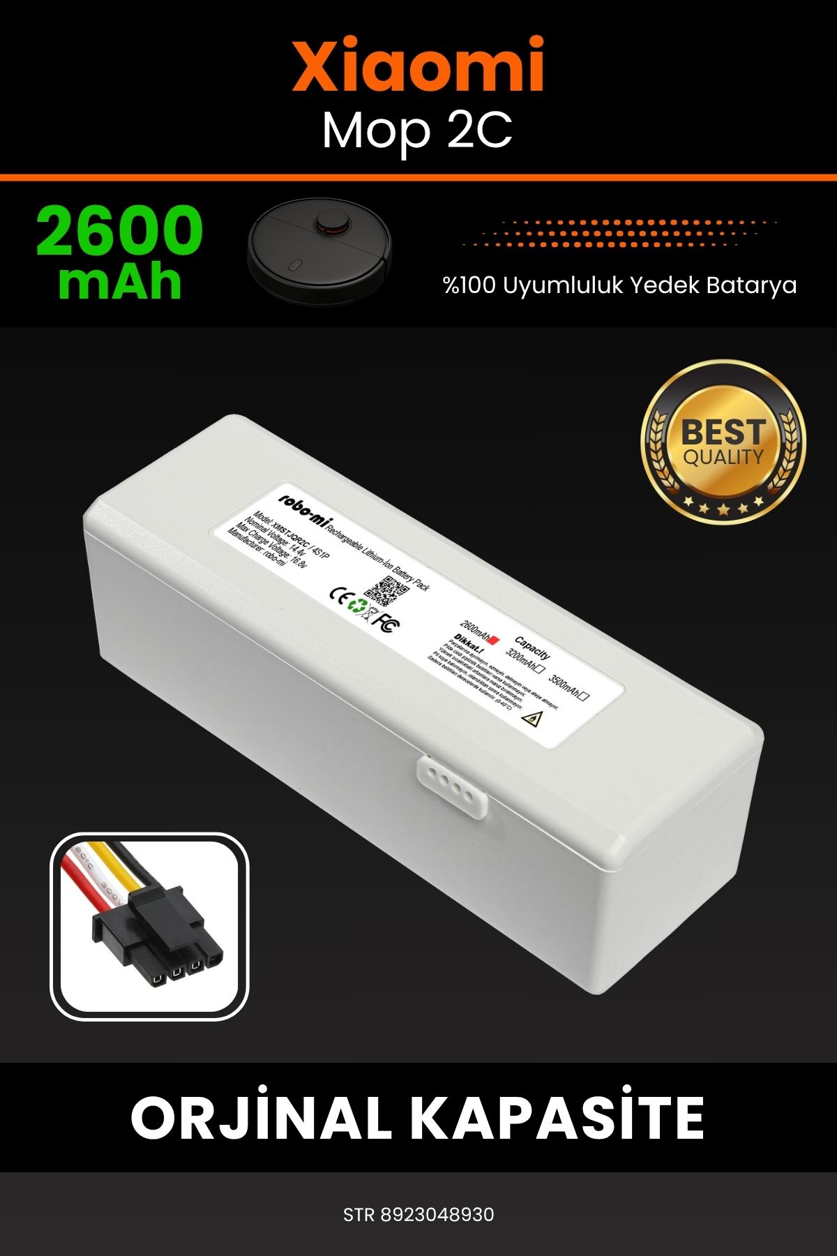 robo-mi Xiaomi Mop 2C 2600mAh Robot Süpürge Bataryası - Yüksek Yoğunluklu Li-ion Hücre