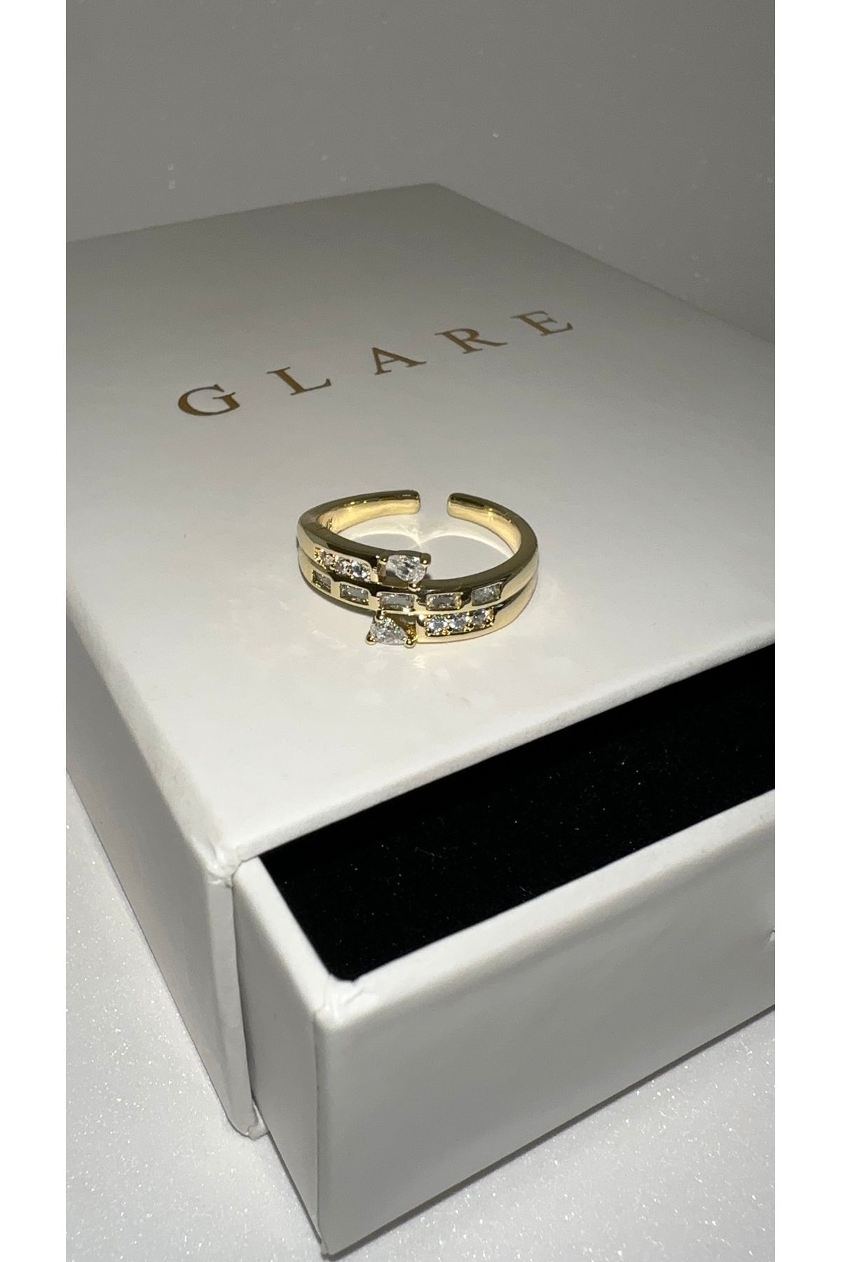 GLARE JEWELRY Zirkon Taşlı Tasarım Ayarlanabilir Paslanmaz Çelik Yüzük Free Size