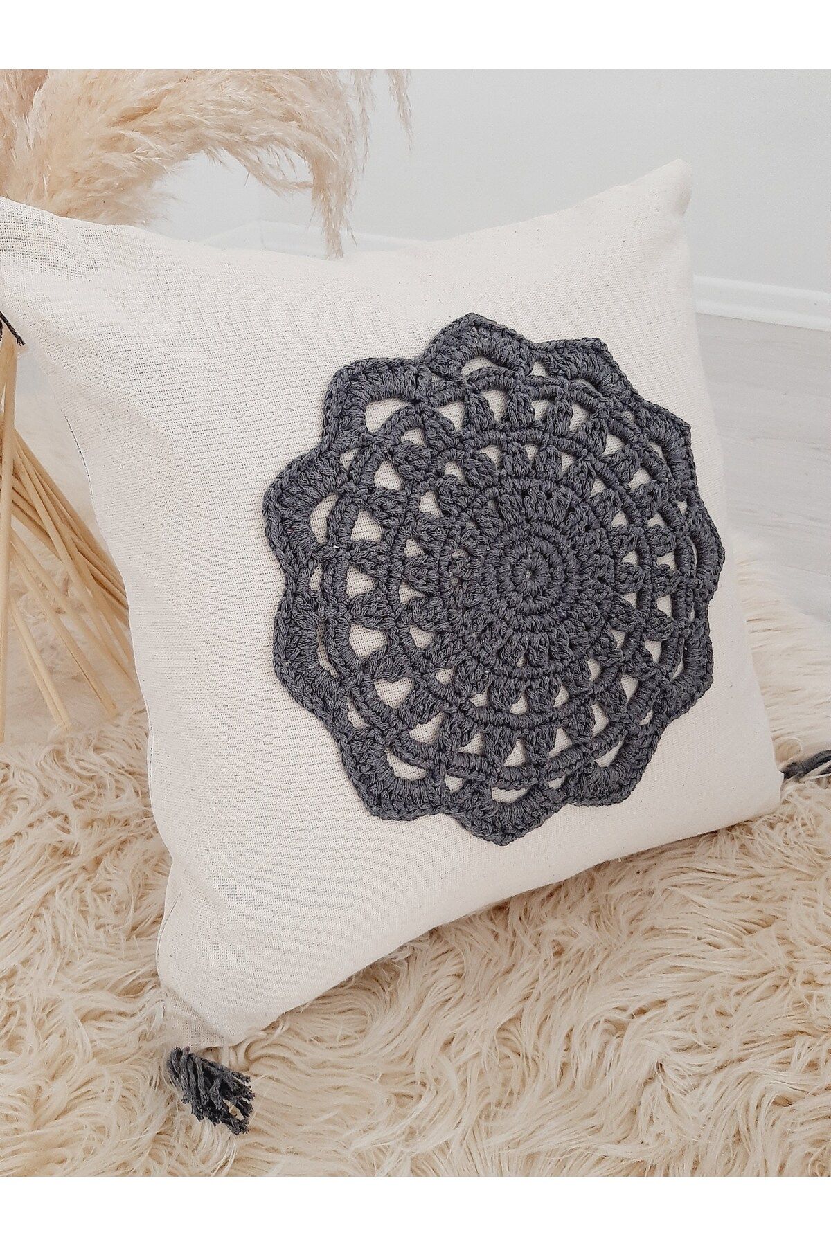 Goshıkı Gri El Örgüsü Makrome Kırlent Kılıf 42X42
