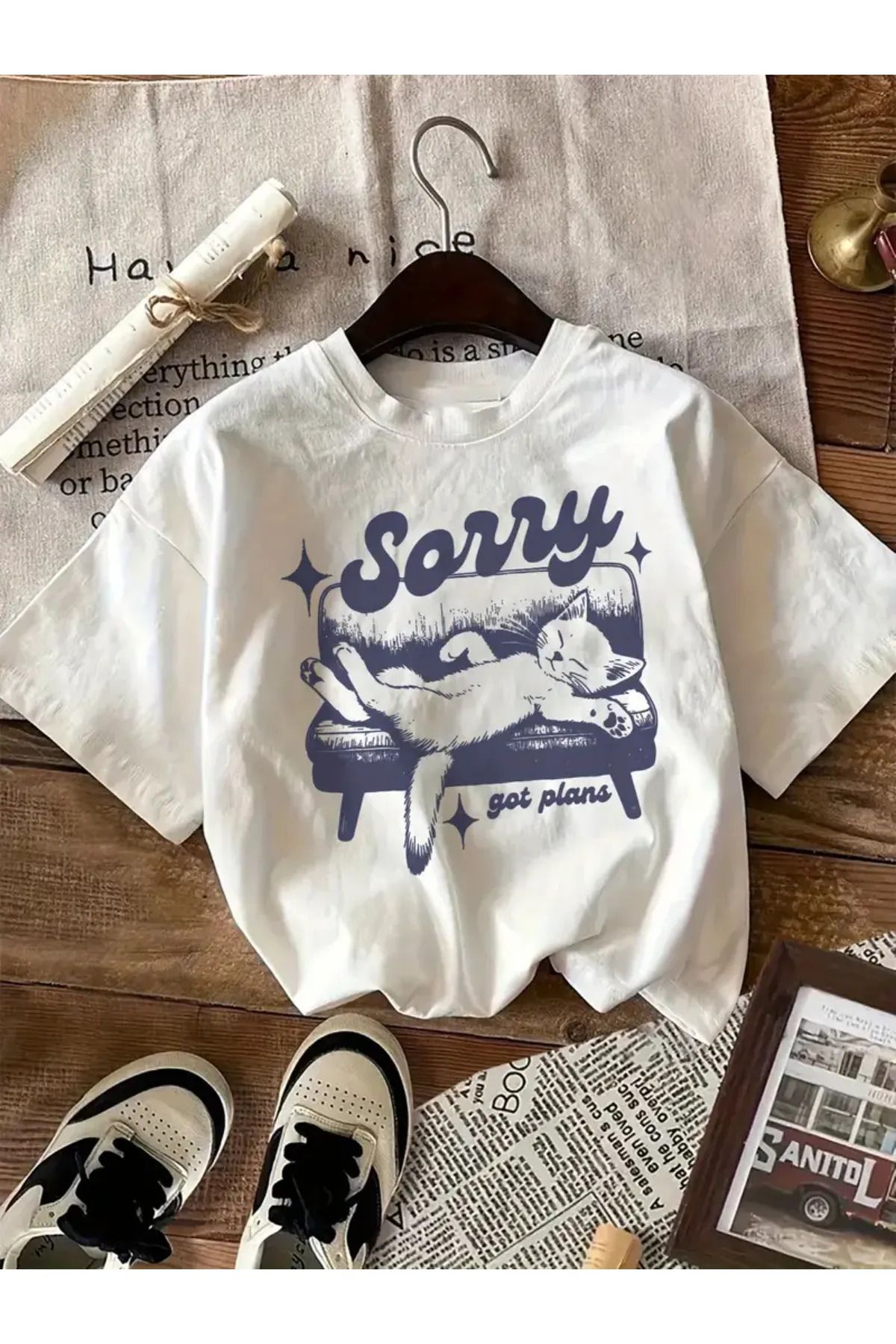 Koklonmoda Büyük Beden Unisex Sorry Cat Baskılı Oversize T-Shirt