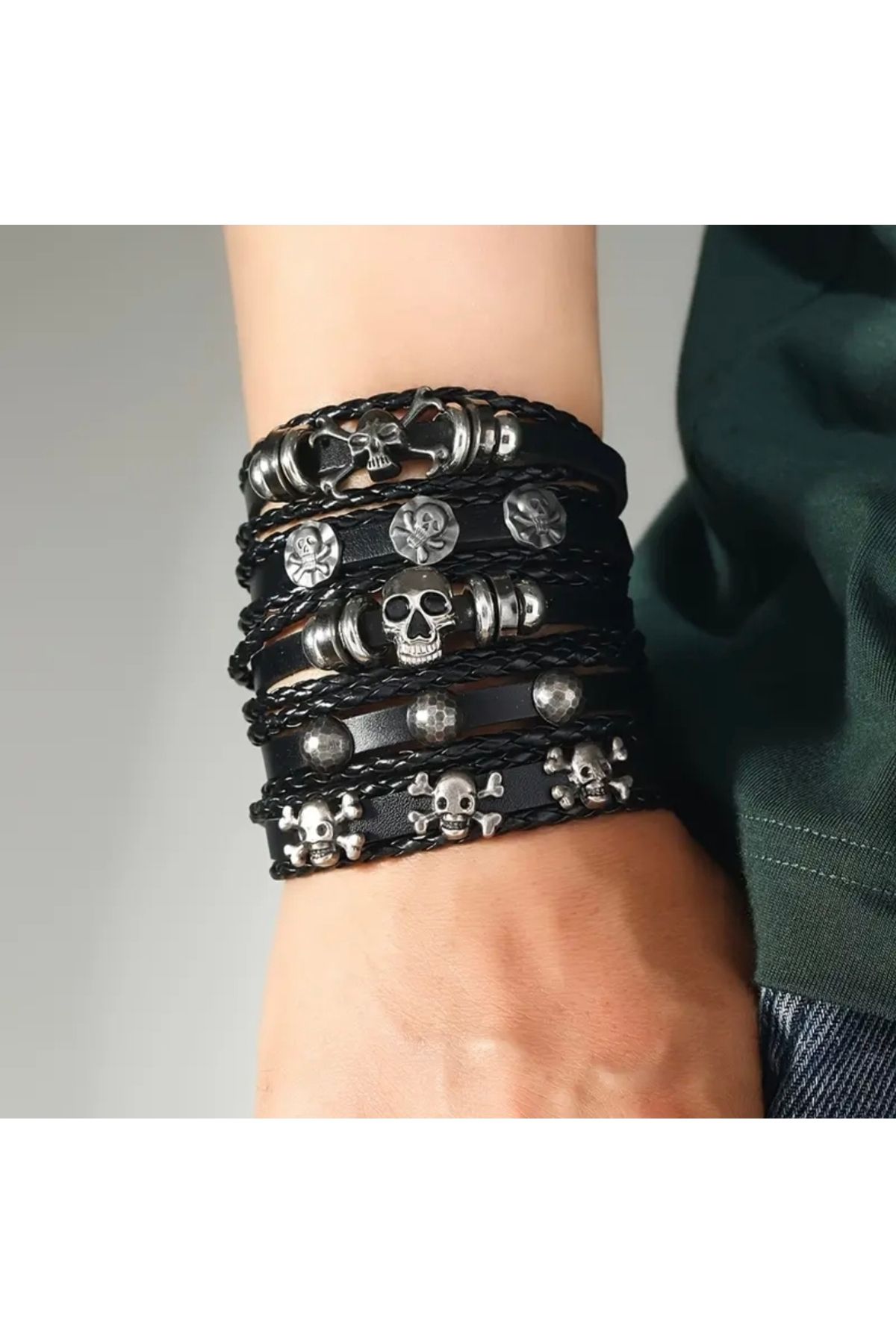 Pinkimaj Erkek unisex punk seti 5li siyah bileklik