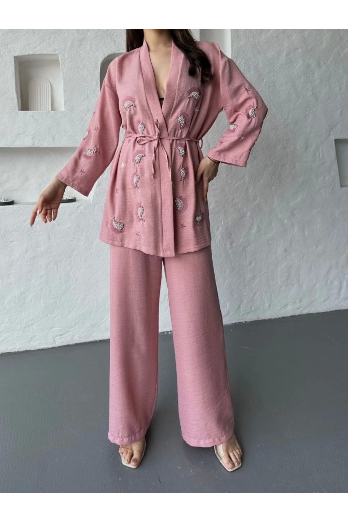 POLEXP El İşlemeli Kimono & Bol Pantolon Set – Bohem Tarz Kadın Kombini