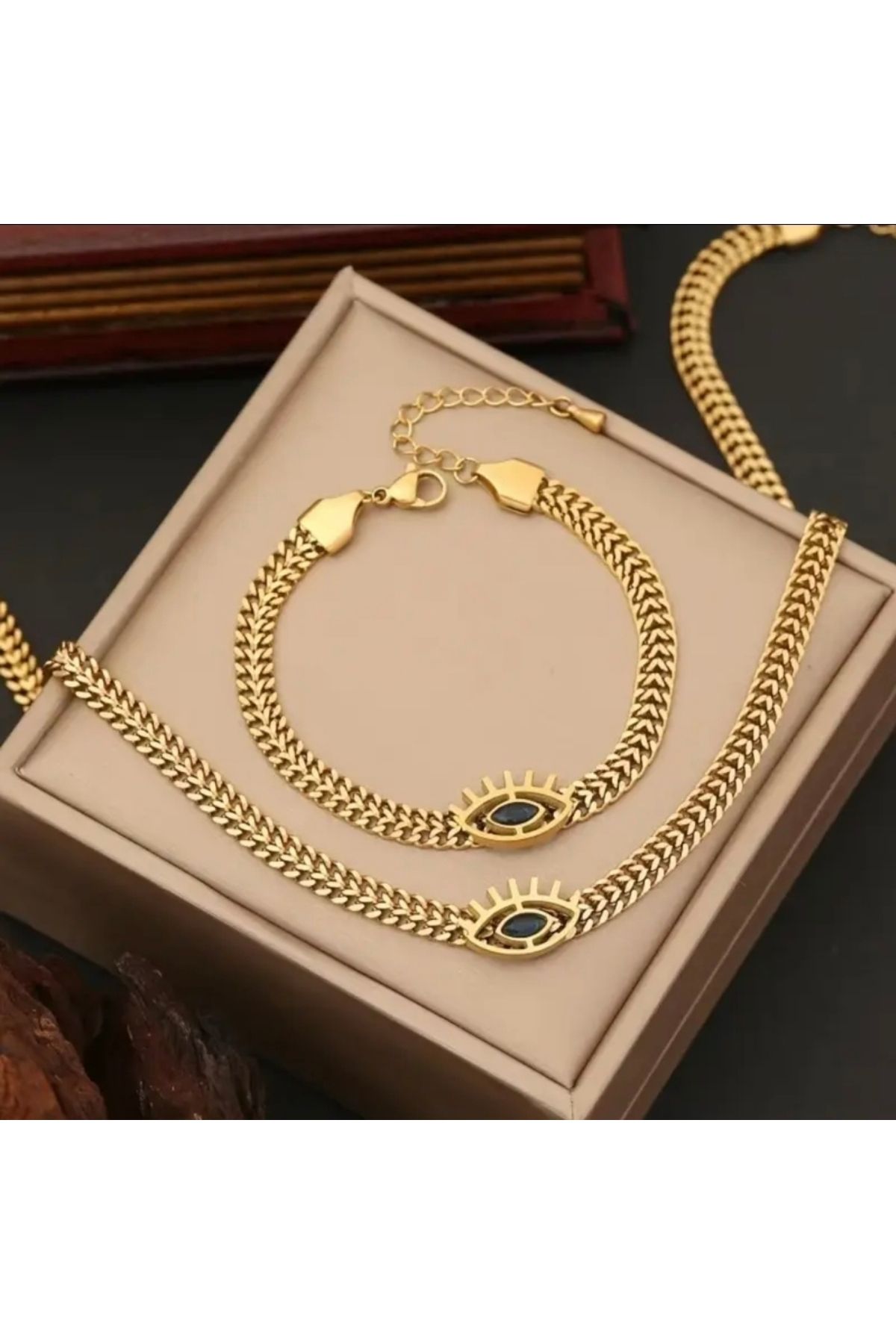 Pinkimaj Çelik takı seti nazar göz temalı gold set 2li