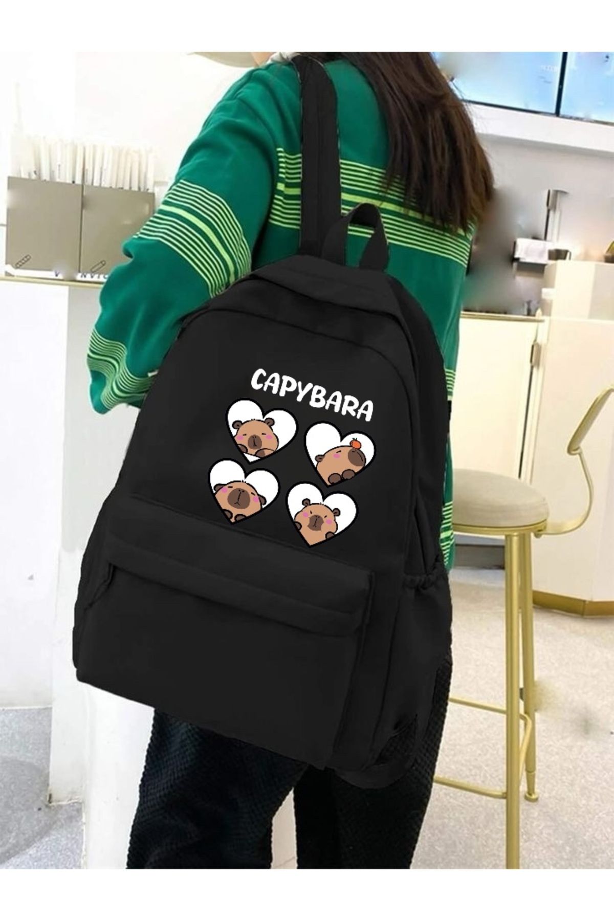 DENİKK Capybara Baskılı Siyah Siyah Laptop Okul Kurs Kamp Seyehat Gezi Günlük Kullanım Sırt Çantası