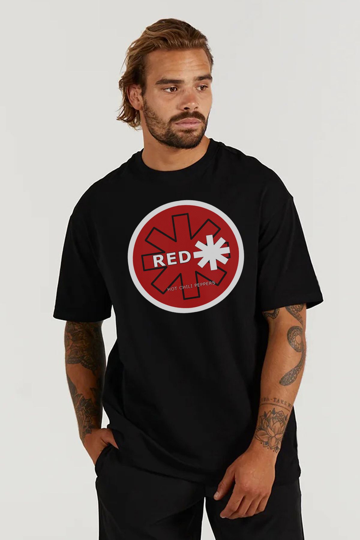 MODA Red Hot Chili Peppers Baskılı Oversize Kalıp Siyah Geniş Bol Kesim Erkek Tişört
