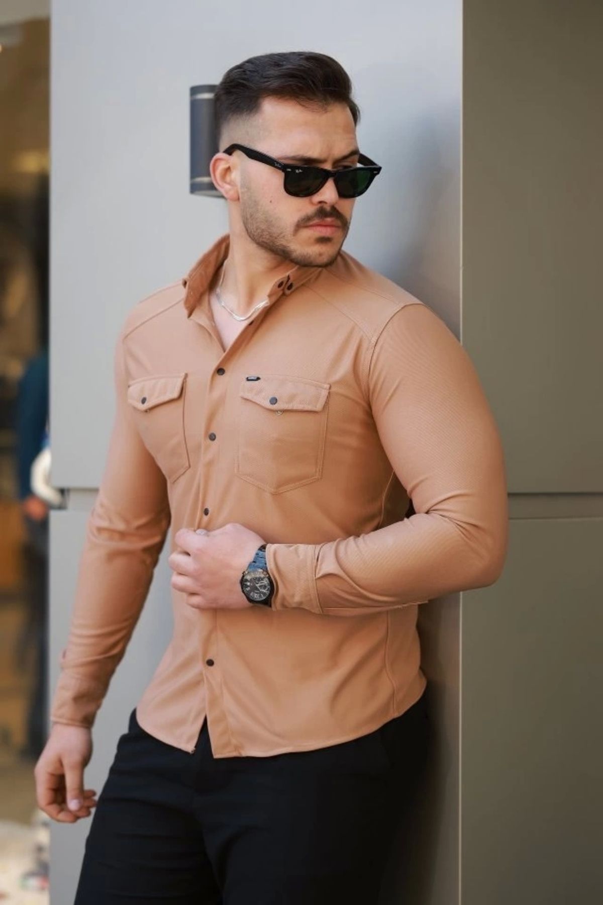 Butik Erkek çift Cepli çıtçıt Düğmeli Uzun Kollu Gömlek