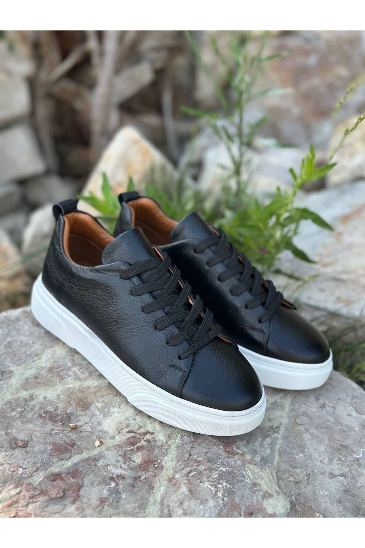DERWARDEIN Siyah Erkek Spor Ayakkabı Hakiki Deri - Günlük Sneaker Modeli