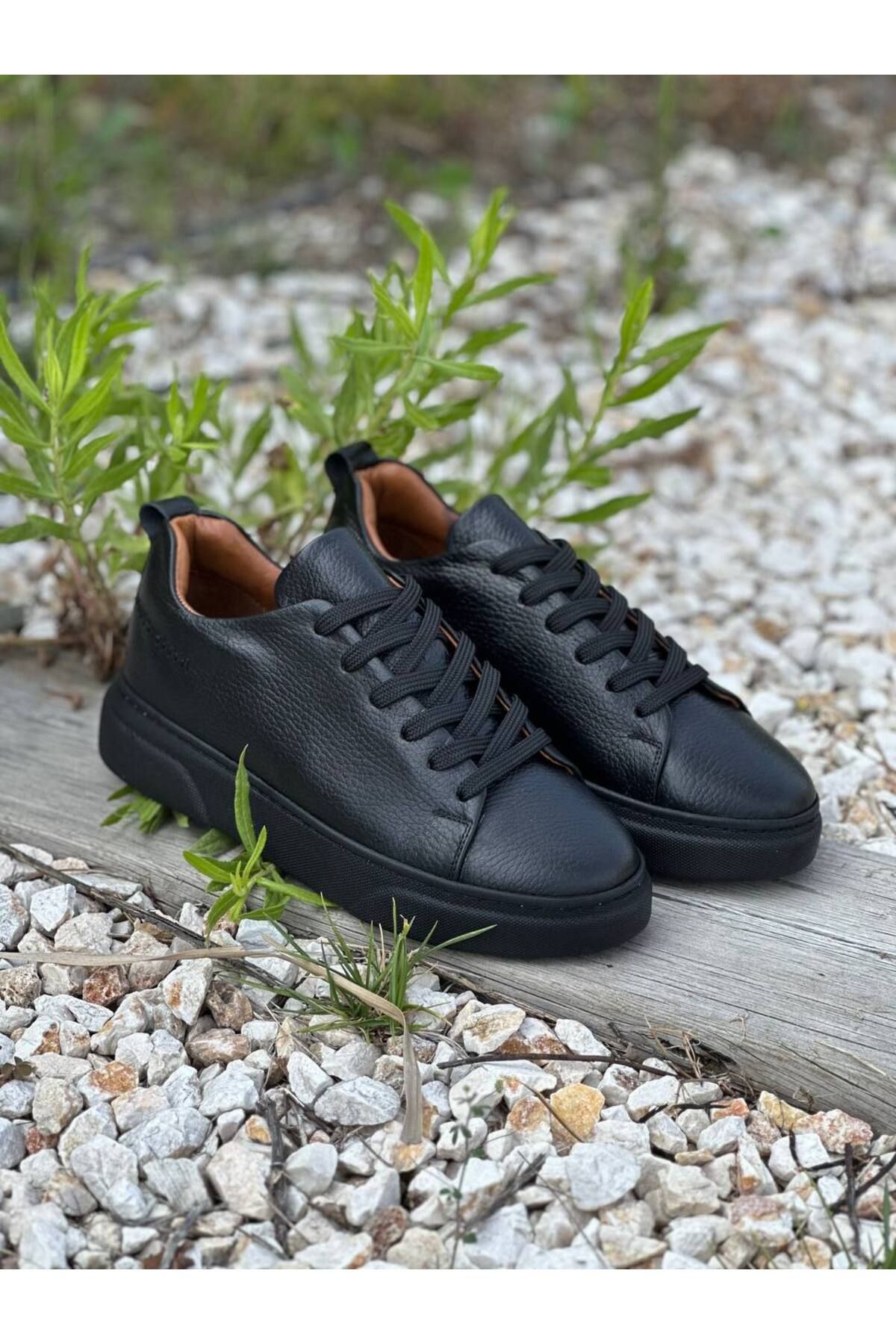 DERWARDEIN Siyah Erkek Spor Ayakkabı Hakiki Deri - Günlük Sneaker Modeli