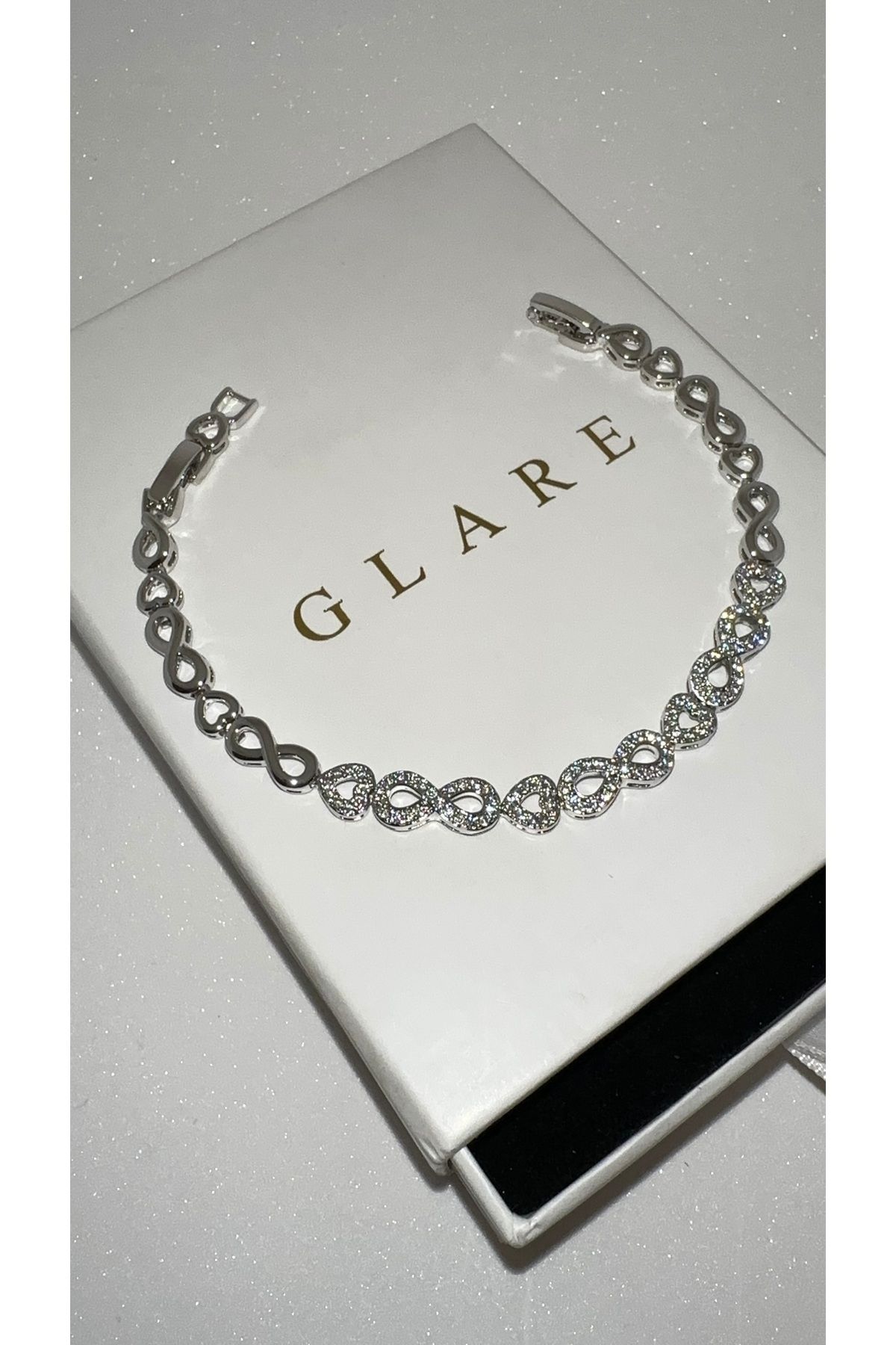 GLARE JEWELRY Gümüş Rodyumlu Sonsuzluk Taşlı Tasarım Pırlanta Modeli Zincir Çelik Bileklik 15+3cm