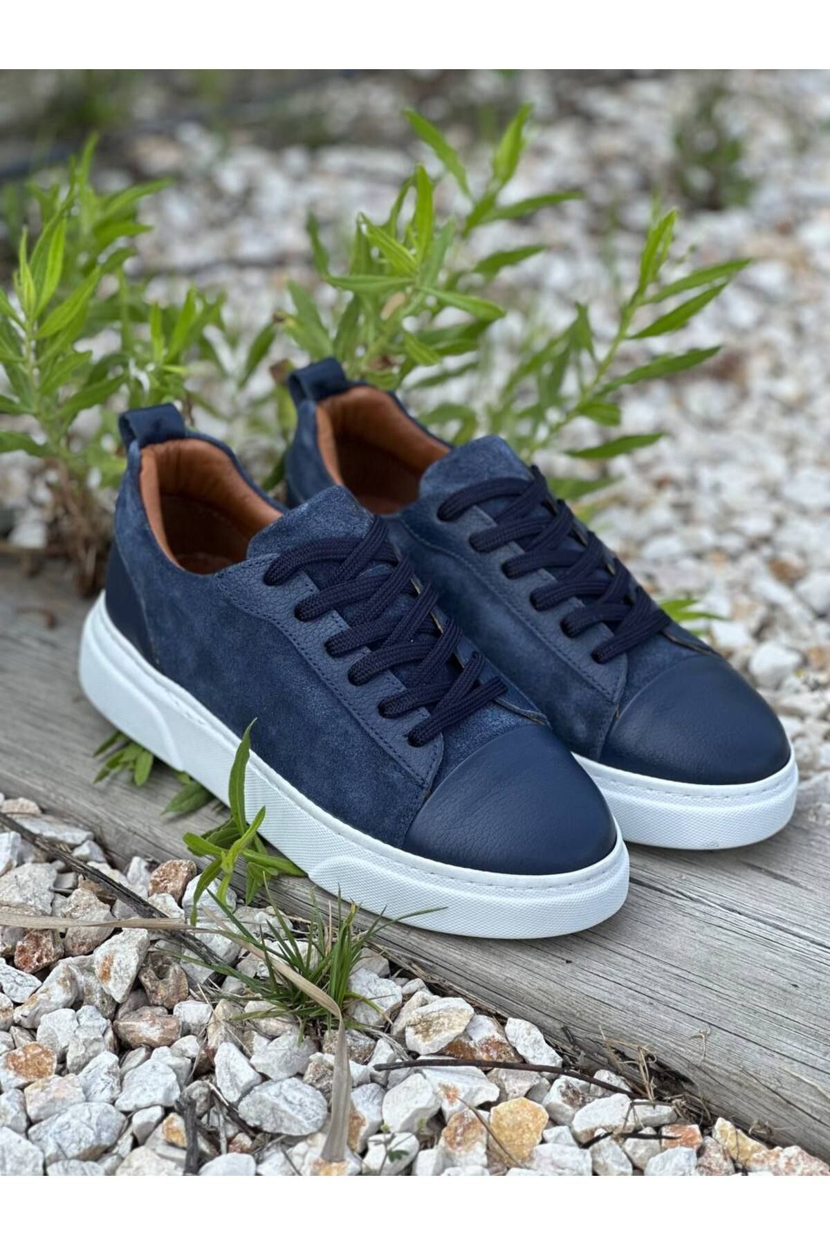 DERWARDEIN Lacivert Süet Erkek Spor Ayakkabı Hakiki Deri - Günlük Sneaker Modeli