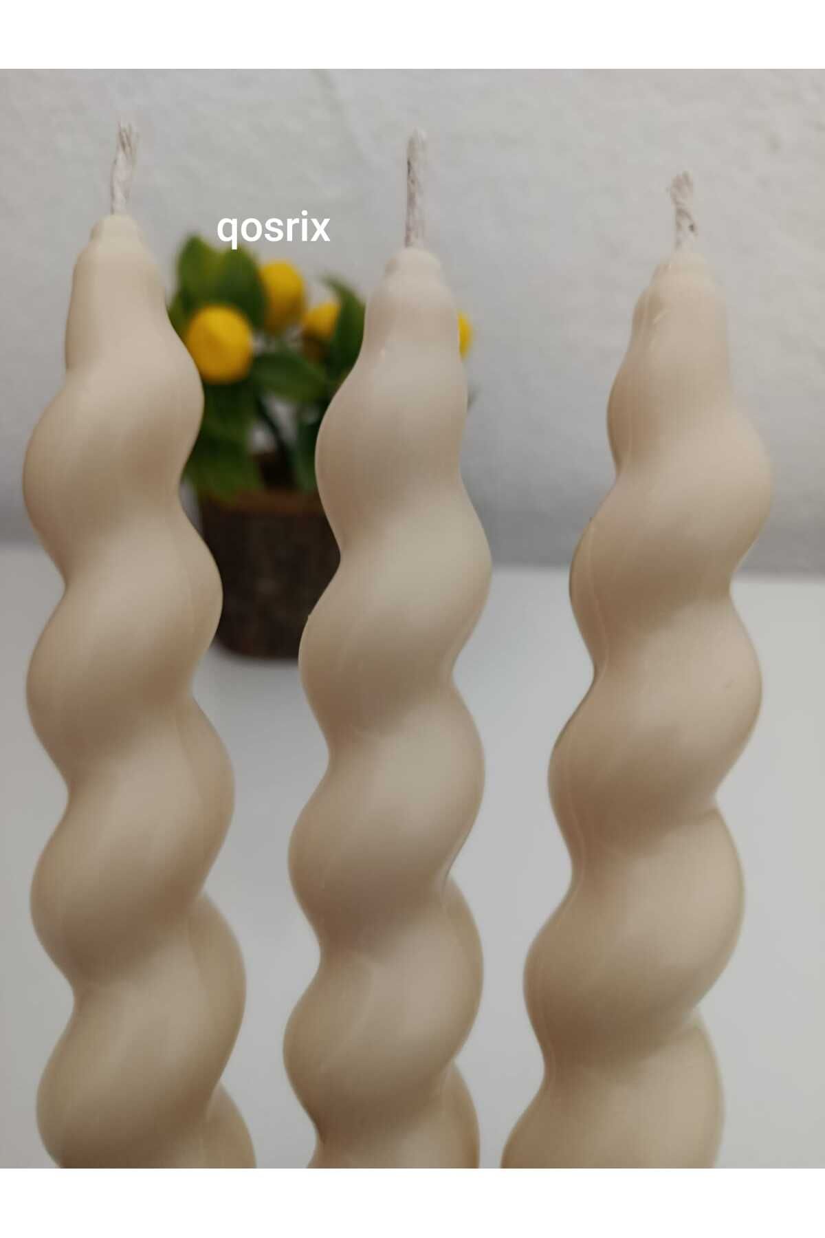 qosrix 3'lü Krem Italyan Burgulu Şamdan Soya Mumu Doğal Kokulu Uzun Çubuk Konik Burgu Spiral Mum Dekoratif