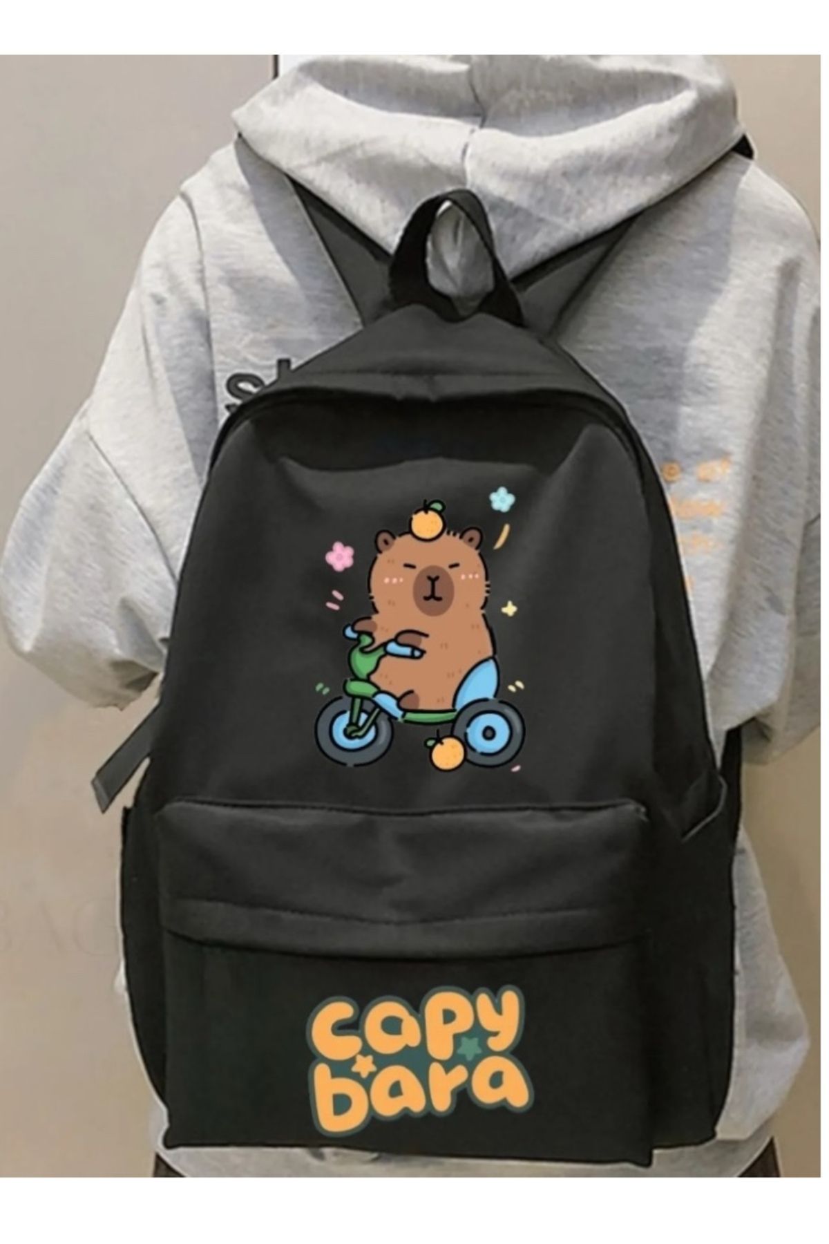 DENİKK Capybara Baskılı Siyah Siyah Laptop Okul Kurs Kamp Seyehat Gezi Günlük Kullanım Sırt Çantası