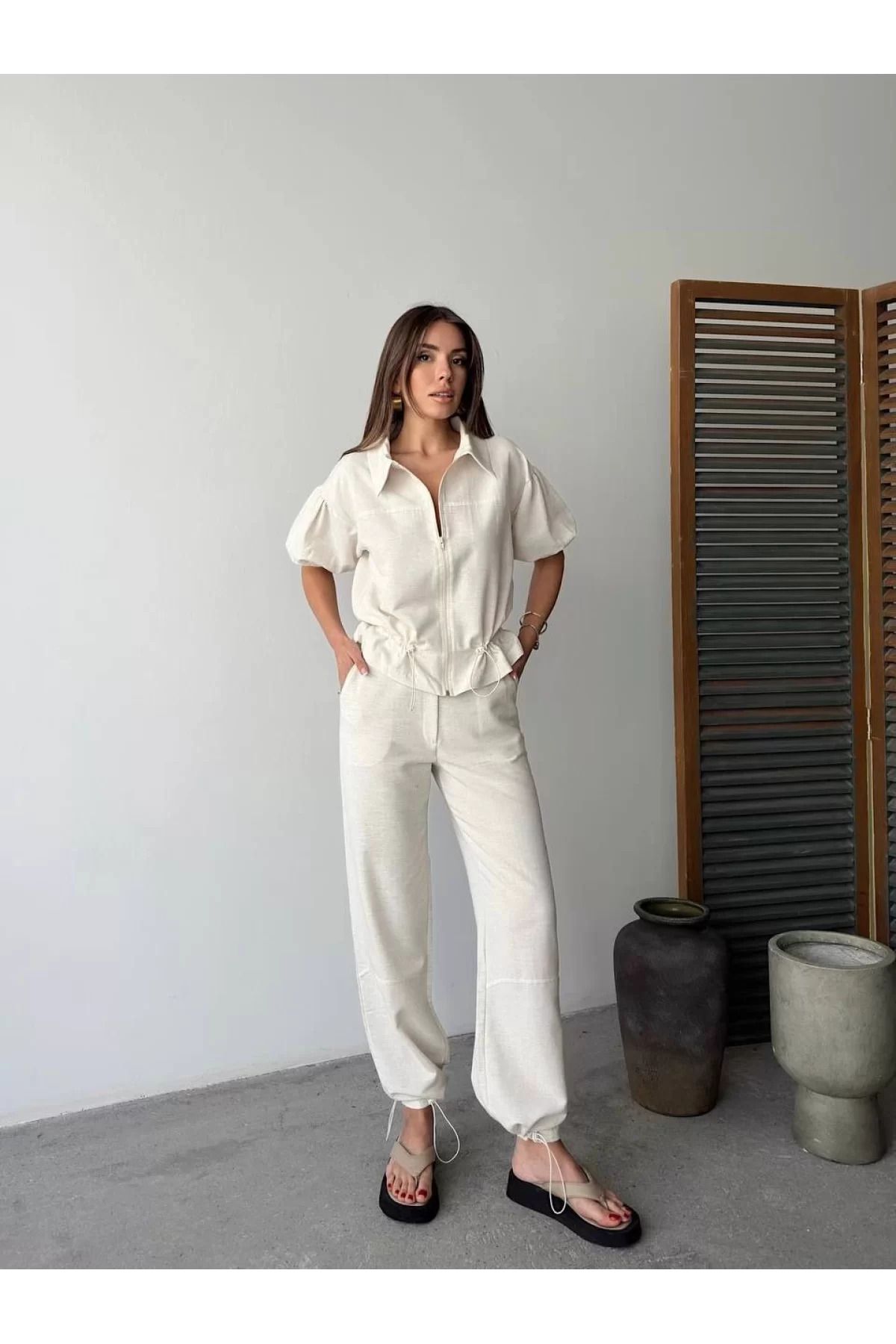 BBbutik Keten Tam Fermuarlı Kısa kollu Gömlek Pantolon ikili Takım - Beyaz